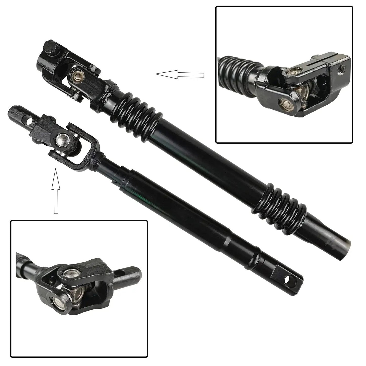 Upper And Lower Steering Shaft With Bearing For Chevy Silverado Suburban Yukon, close-up of black 3-piece shaft set