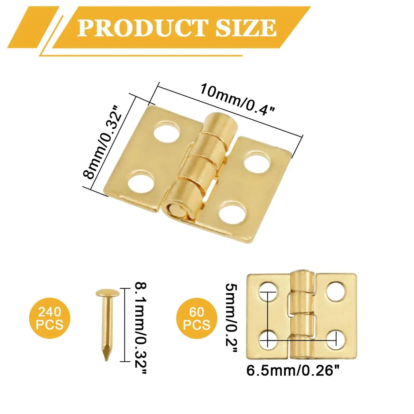 ZIUZI 60Pcs Mini Hinges, 270 Degree Rotation Miniature Furniture Hardware, 10x8mm Gold Hinges with Mounting Nails, shown with size details.