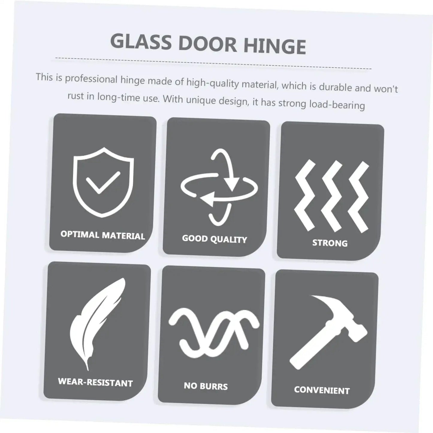 Illustration showing features of Double Sided Stainless Steel Glass Door Hinges for Display Cabinets Heavy Duty Load Bearing Easy To Install