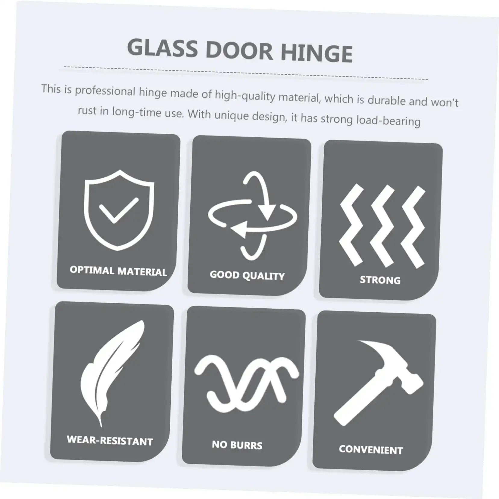 Illustration showing features of Double Sided Stainless Steel Glass Door Hinges for Display Cabinets Heavy Duty Load Bearing Easy To Install