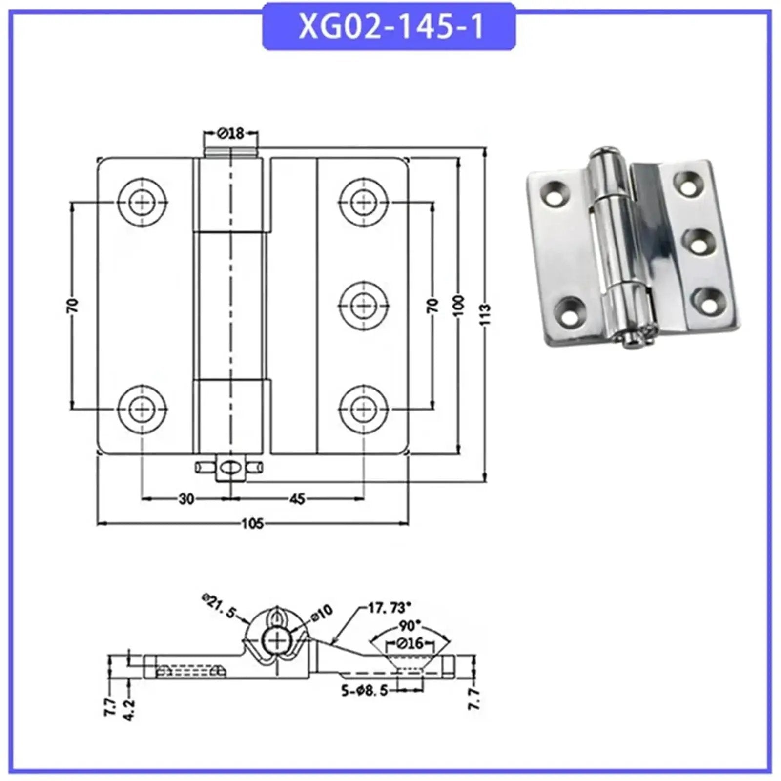 Diagram and photo of Heavy Duty Beefed Up 304 Stainless Steel Hinges For Industrial Doors With High Load Bearing Capacity 1 Piece Model XG02-145-1