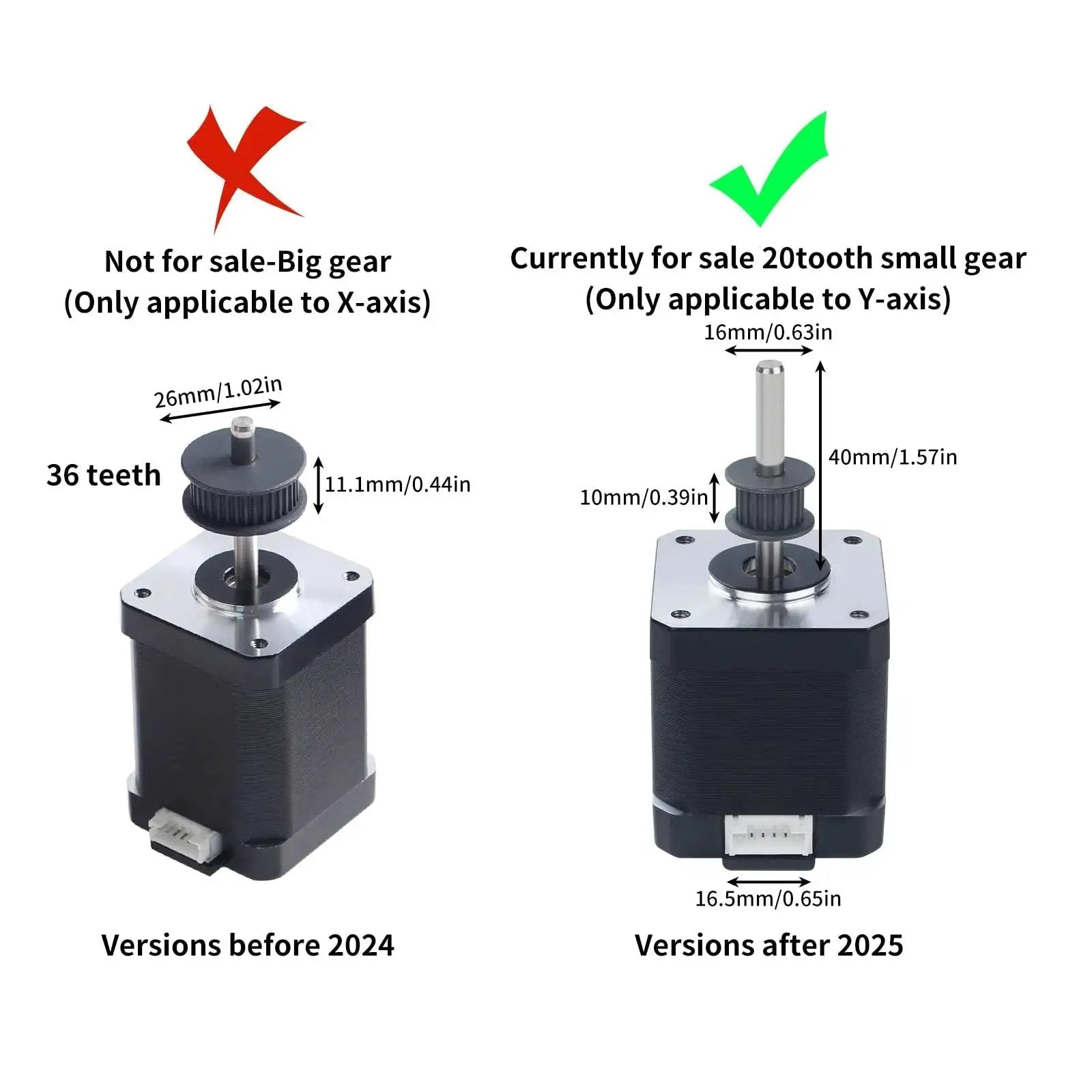 Comparison of Y-axis motor gears for K1 Max 3D Printer, 36-tooth not for sale, 20-tooth available, version distinction before and after 2024.