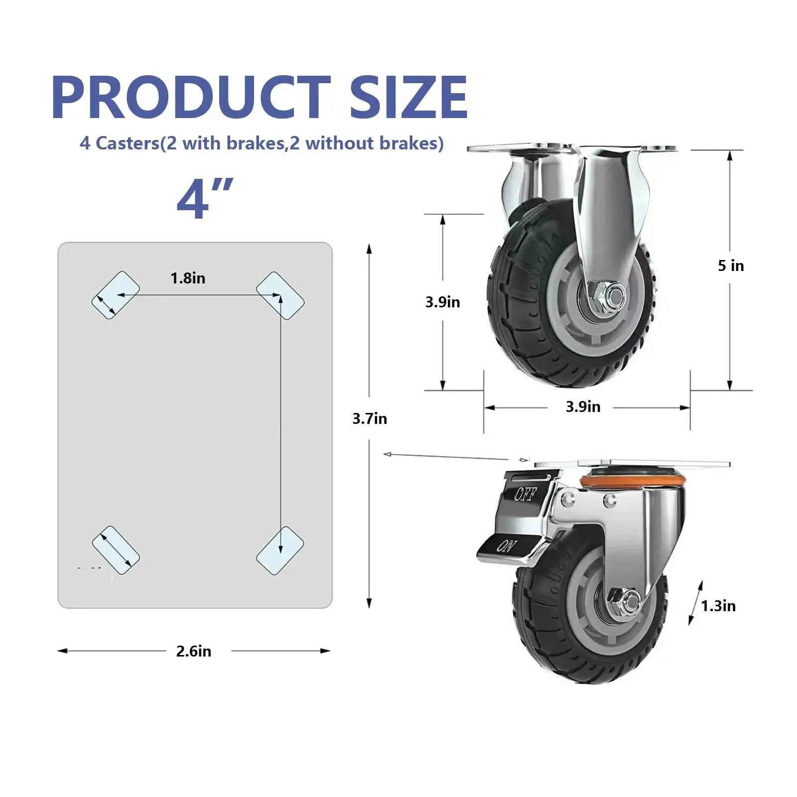 Heavy Duty 4 Inch Rubber Caster Wheel Set For Warehouse Carts And Workbenches, 600 KG Total Load Capacity, diagram of caster dimensions