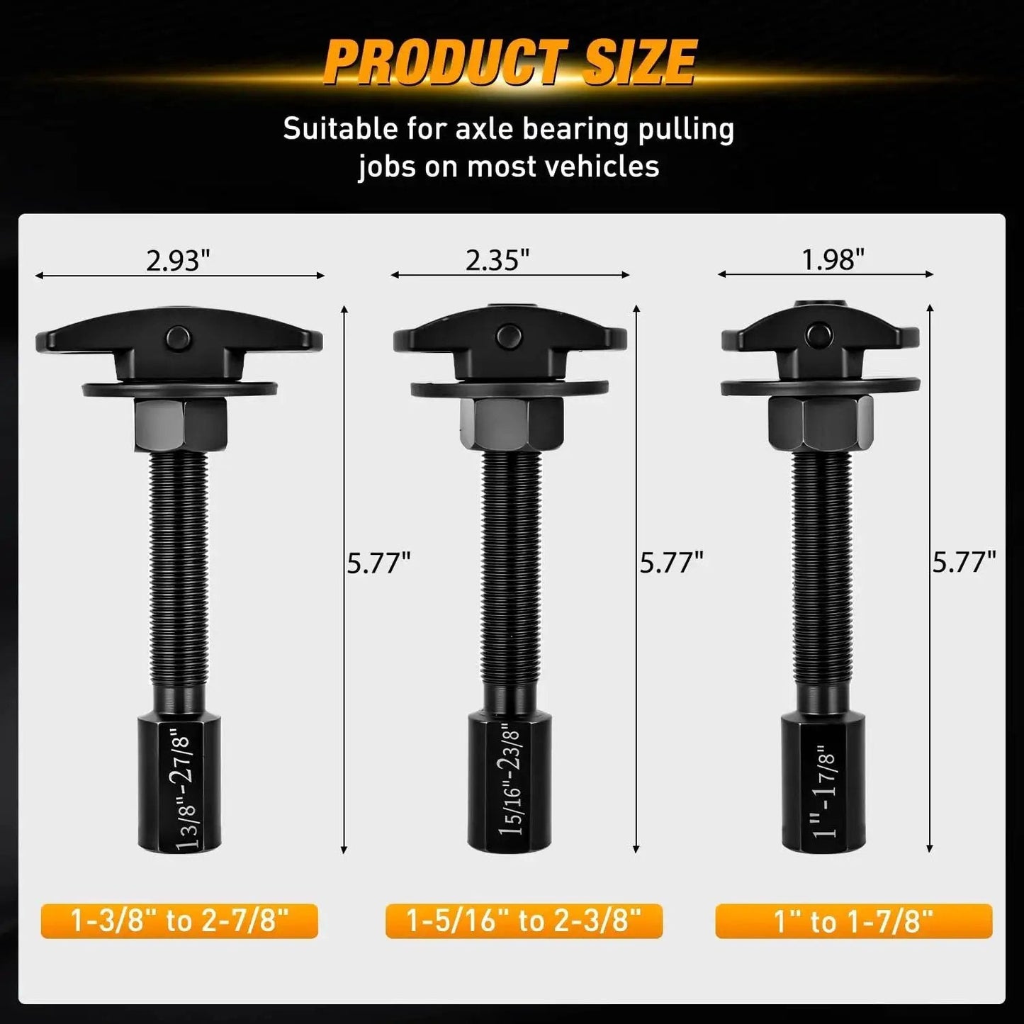 Image showing three sizes of Rear Axle Bearing Puller Set with laser markings for quick identification.