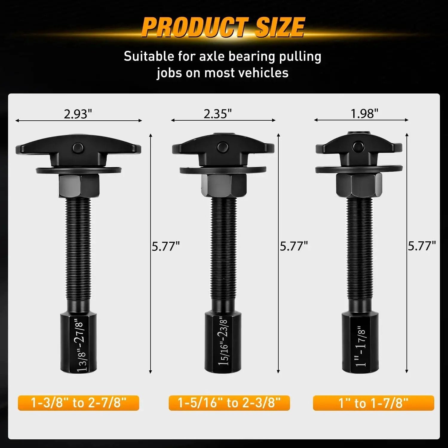 Image showing three sizes of Rear Axle Bearing Puller Set with laser markings for quick identification.