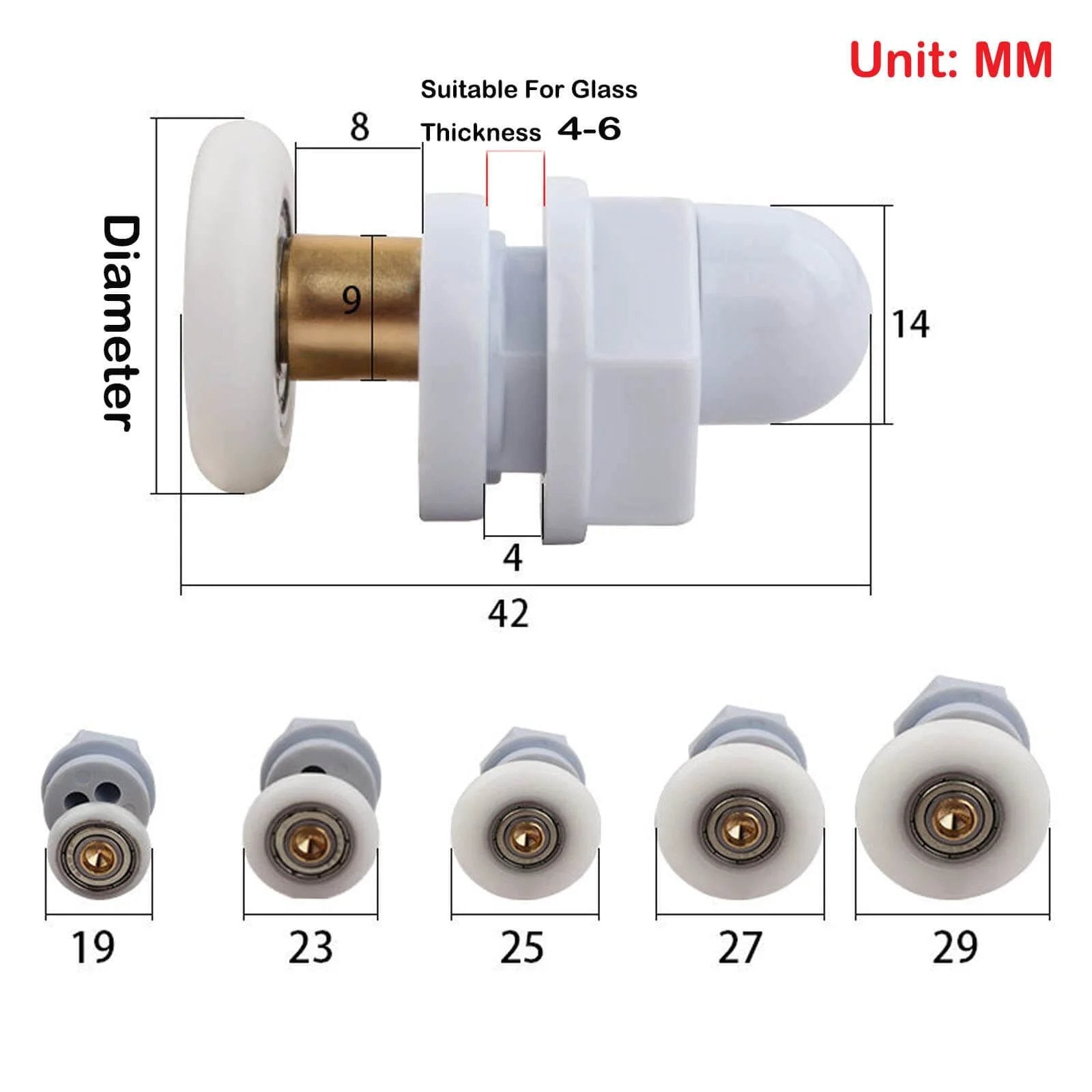 4PCS 25mm shower door rollers replacement with copper rod pulley and nylon runners, dimensions and design details shown