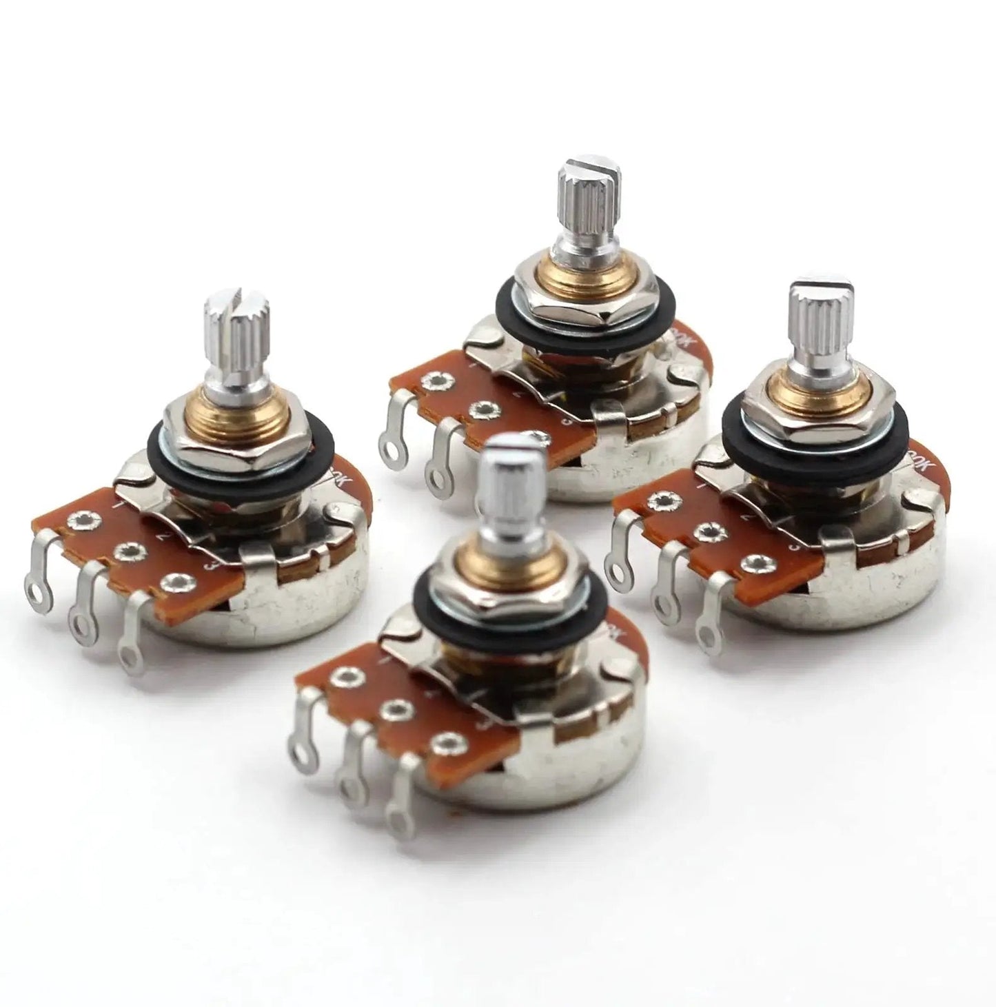 Four Pack Of 500K Short Split Shaft Audio Taper Potentiometers For Guitars With Low Friction Rotation And Three Eighths Inch Imperial Bushings Includes Hardware With 2 Nuts Dress Washer And Lock Washer Bourns