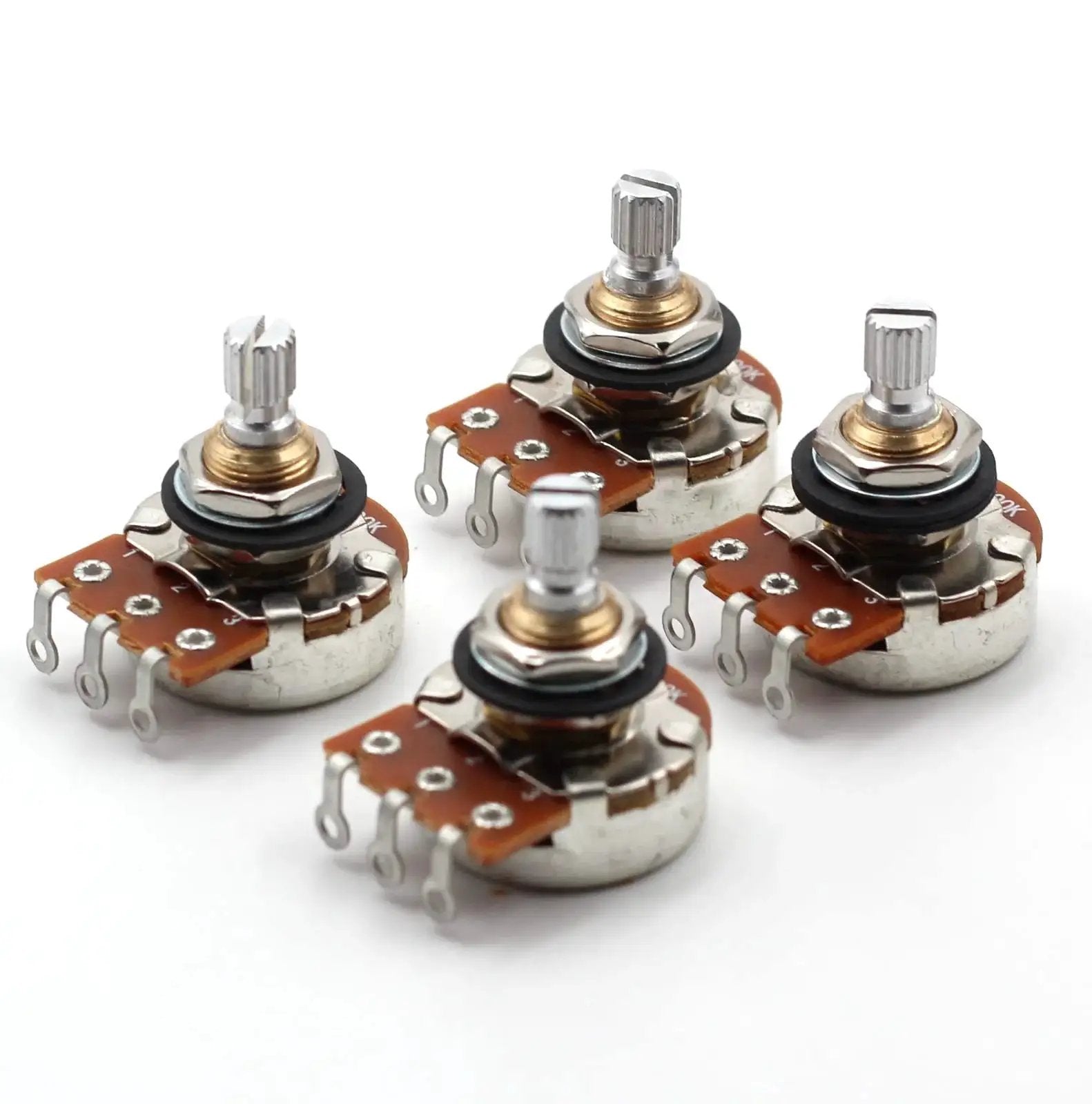 Four Pack Of 500K Short Split Shaft Audio Taper Potentiometers For Guitars With Low Friction Rotation And Three Eighths Inch Imperial Bushings Includes Hardware With 2 Nuts Dress Washer And Lock Washer Bourns