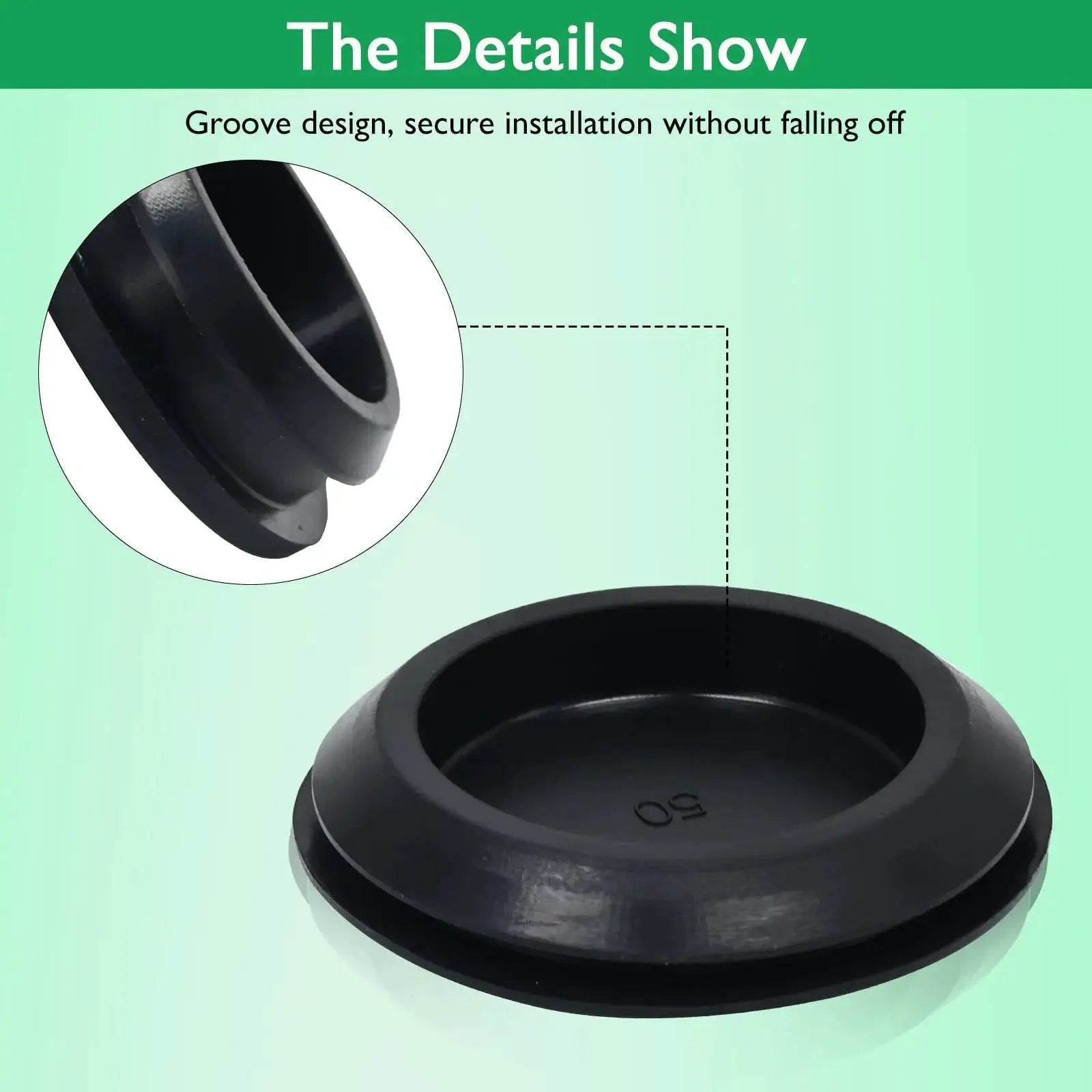 Close-up of a 15 Pack Rubber Plugs For Round Holes 22mm Black Snap In Waterproof Silicone Stopper showing groove design.