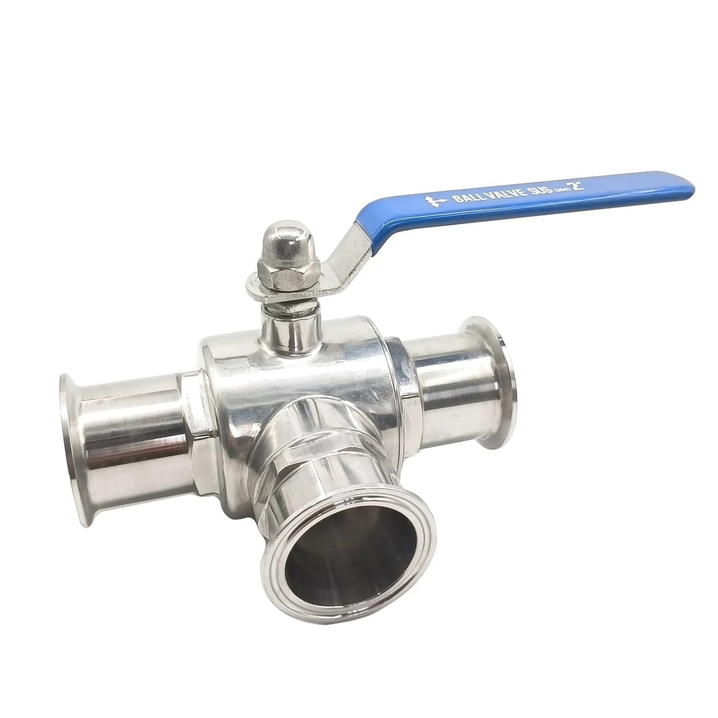 2 Inch Tri Clamp Sanitary Ball Valve 3 Way T Port For Flexible Fluid Routing With PTFE Seat And 304 Stainless Steel Body Blue Handle
