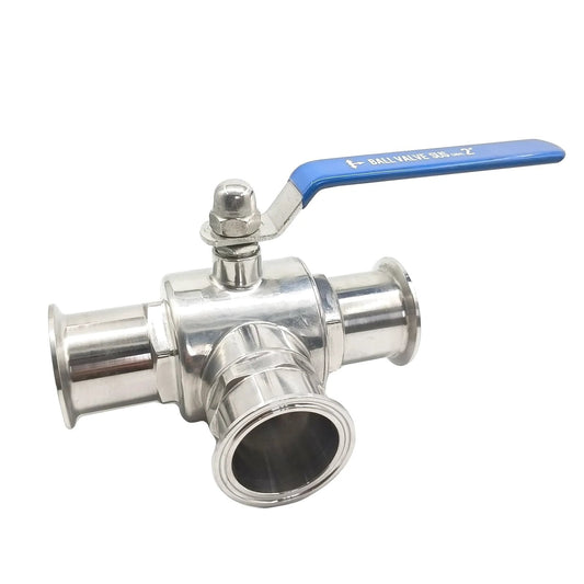 2 Inch Tri Clamp Sanitary Ball Valve 3 Way T Port For Flexible Fluid Routing With PTFE Seat And 304 Stainless Steel Body Blue Handle