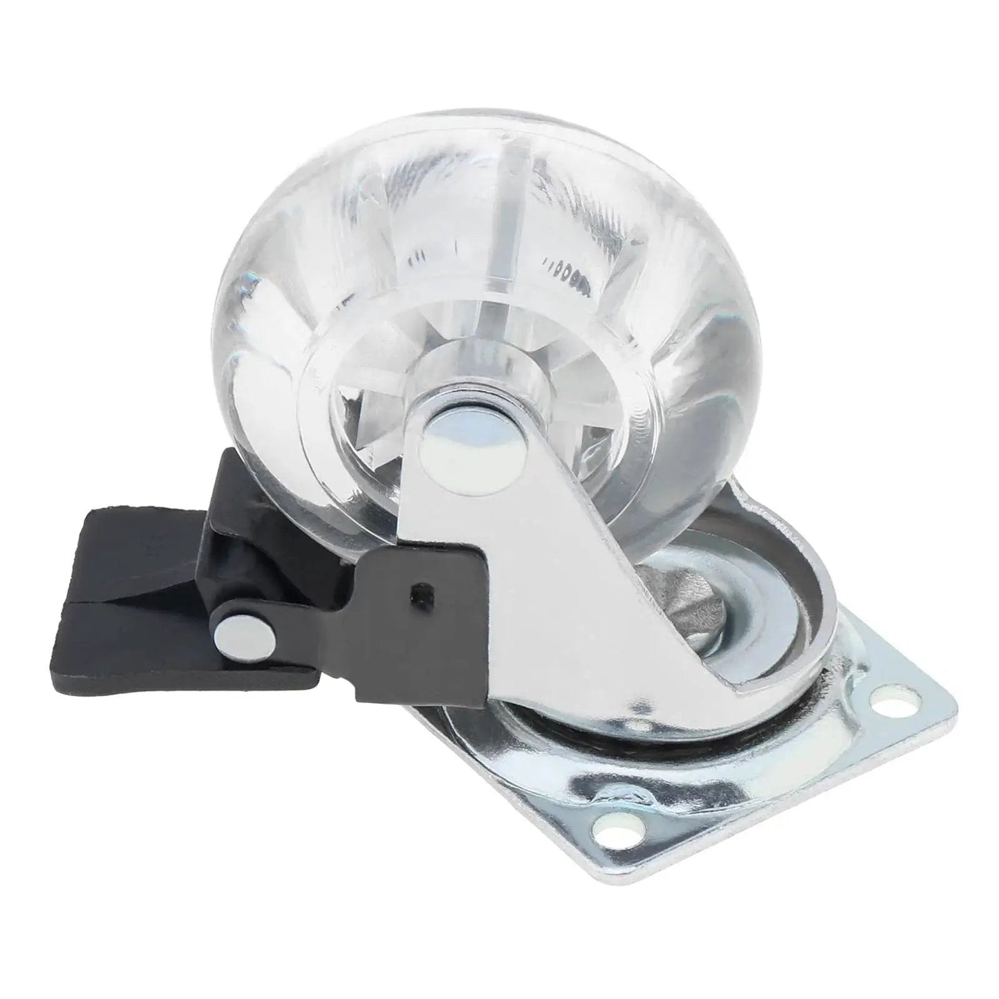 Crystal Clear 2 Inch Caster Wheels Set Of 8 With Brakes for carts cabinets dressers benches. 360-degree top plate side view.