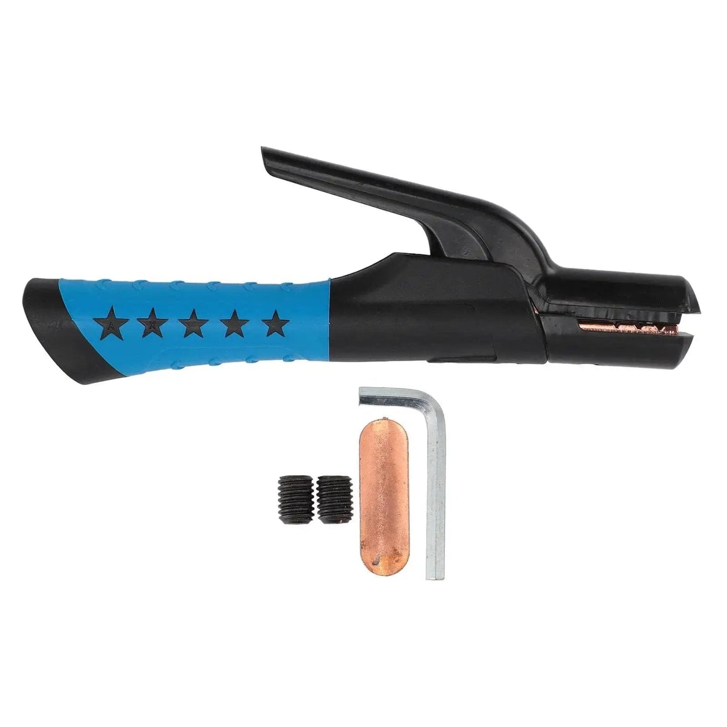 Multi Angle Welding Electrode Holder With Insulated Handle 501A Clamp, copper construction, wrench and spacer included.