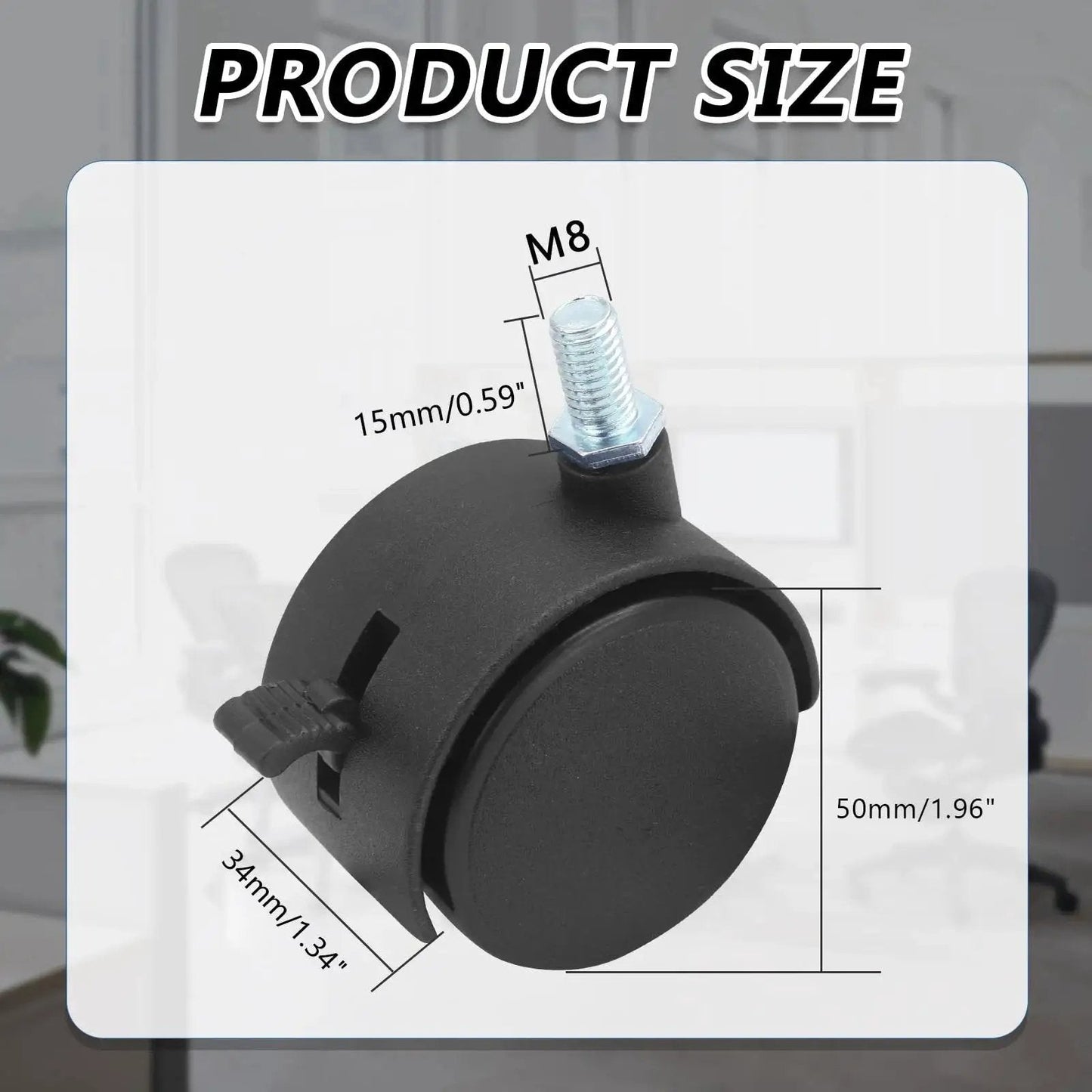 M8 threaded stem dimensions of Best Value 2 Inch Black Plastic Stem Casters Set of 4 for Carts and Workbenches with brakes.