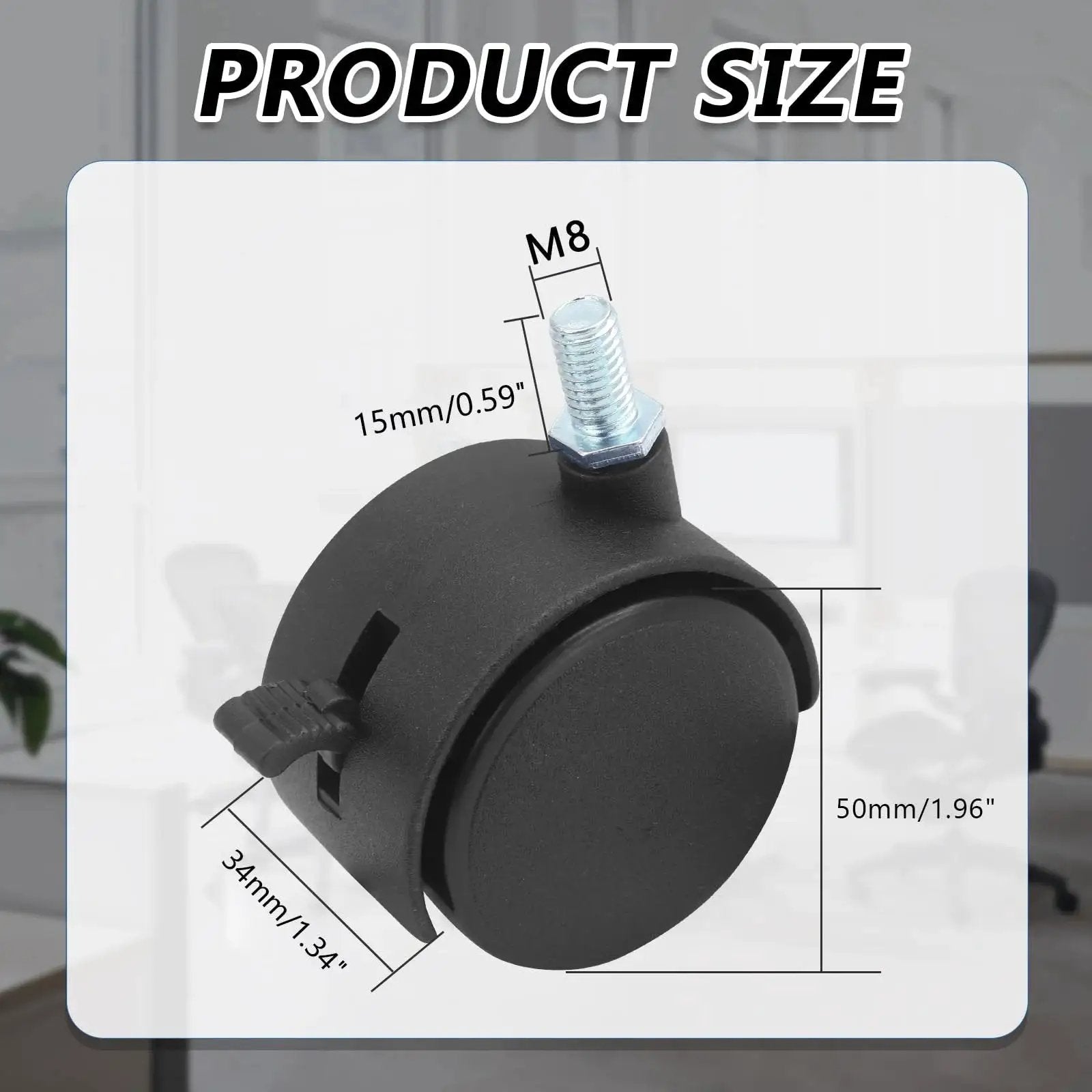 M8 threaded stem dimensions of Best Value 2 Inch Black Plastic Stem Casters Set of 4 for Carts and Workbenches with brakes.