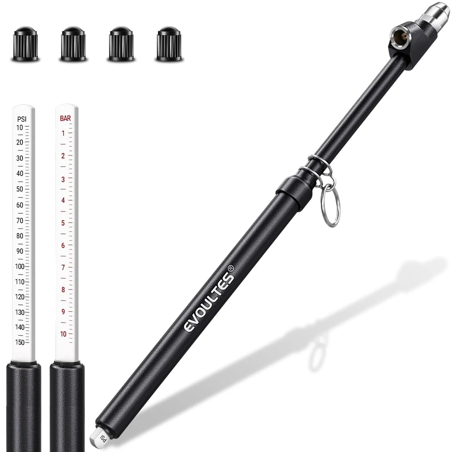 Heavy Duty Tire Pressure Gauge With Extended Dual Head Chuck 10 To 150 PSI For Truck RV And Car Straight On And 30 Degree Reverse Chuck For Dual Wheels And Hard To Reach Valves Includes Four Valve Caps Built Tough EVOULTES