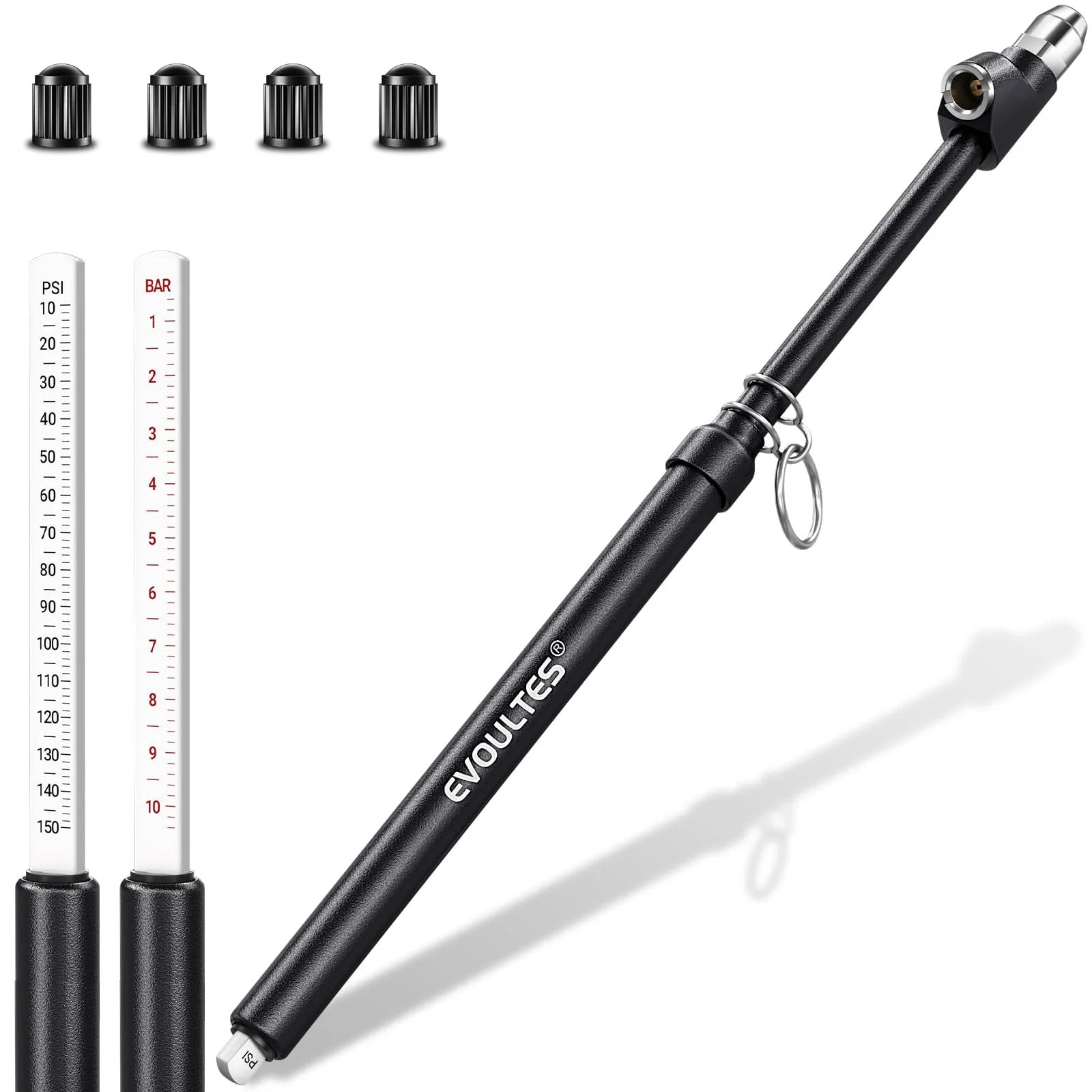 Heavy Duty Tire Pressure Gauge With Extended Dual Head Chuck 10 To 150 PSI For Truck RV And Car Straight On And 30 Degree Reverse Chuck For Dual Wheels And Hard To Reach Valves Includes Four Valve Caps Built Tough EVOULTES