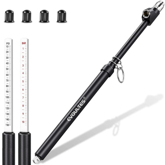 Heavy Duty Tire Pressure Gauge With Extended Dual Head Chuck 10 To 150 PSI For Truck RV And Car Straight On And 30 Degree Reverse Chuck For Dual Wheels And Hard To Reach Valves Includes Four Valve Caps Built Tough EVOULTES