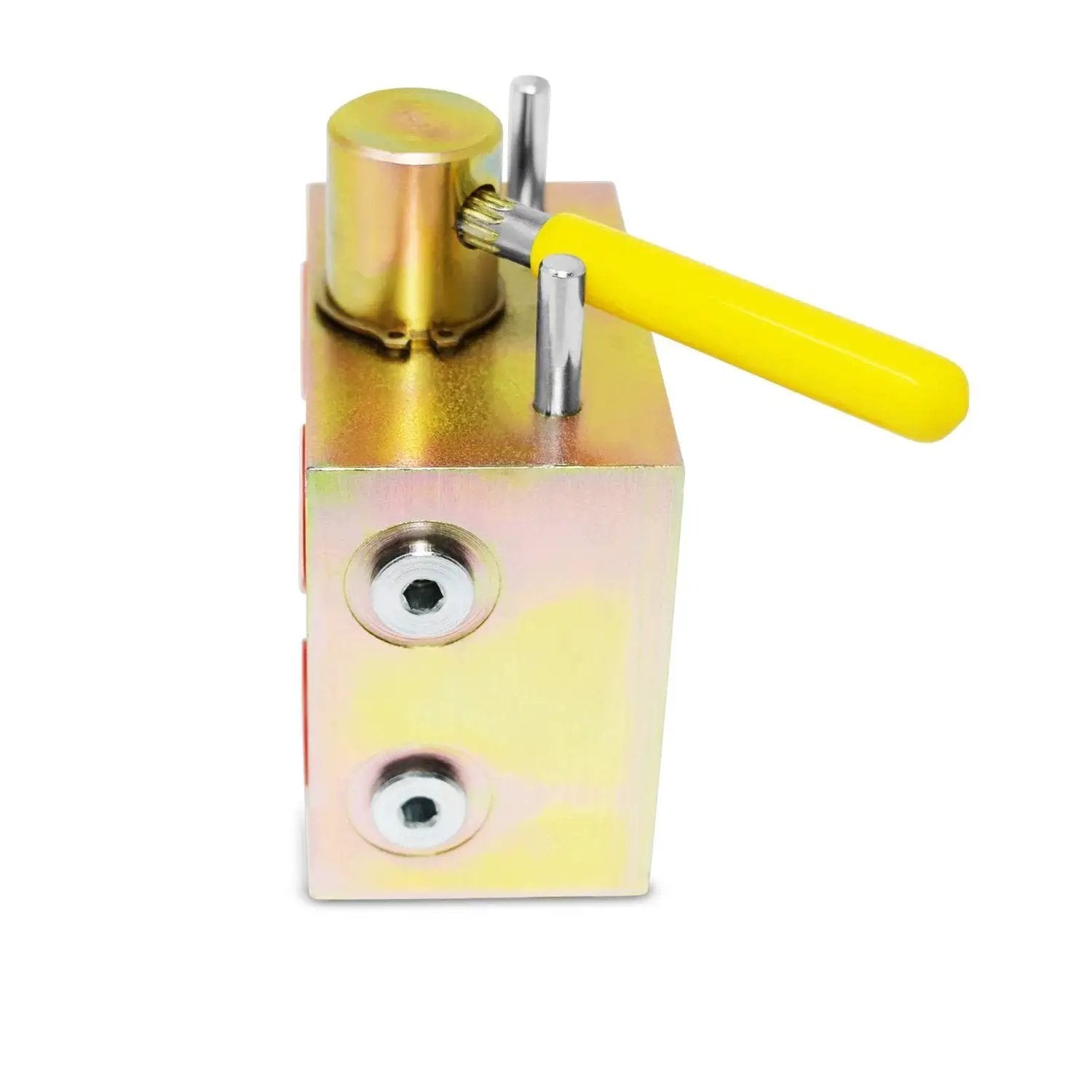 Manual Hydraulic Multiplier And SCV Splitter Diverter Valve That Turns One Hydraulic Circuit Into Two, showing yellow handle and metal body