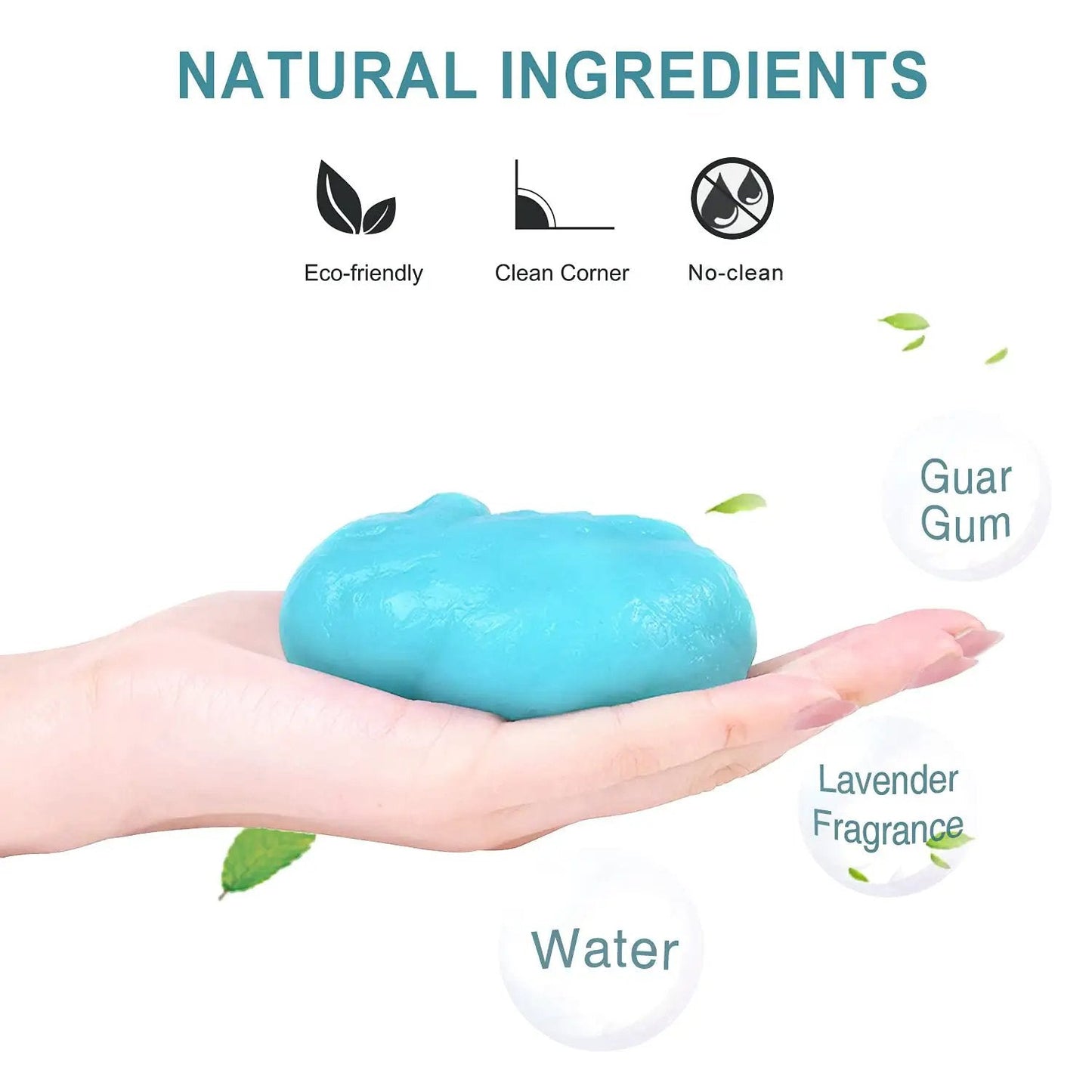 Cleaning Gel For Car Detailing Putty For Vents And Interior Dust Removal Gentle Auto Interior Cleaner Dust Slime For Cars Keyboard Gel Cleaning Putty 1 Pack in a hand, showcasing blue gel and ingredients.