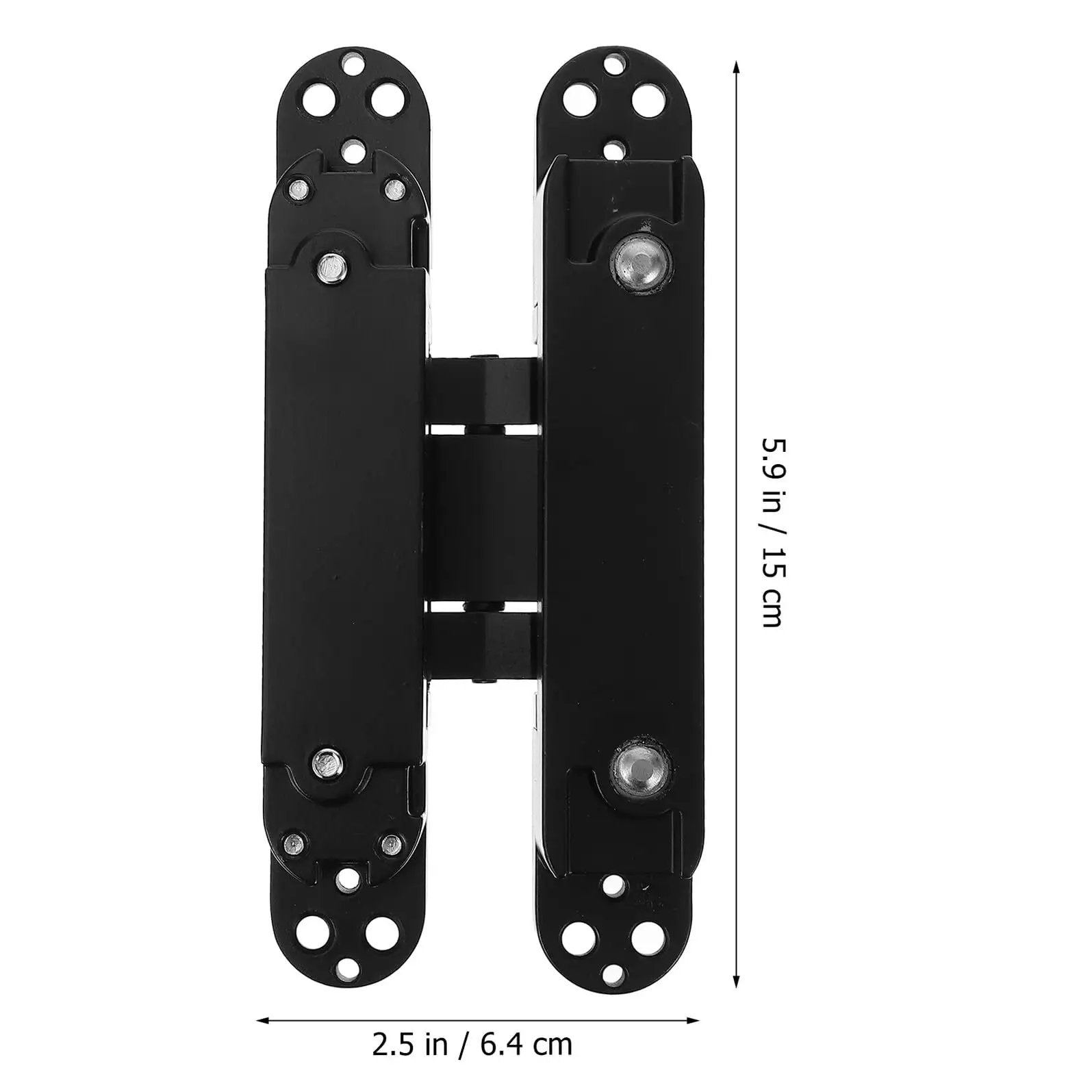 Front view of a black Beefy Heavy Duty Concealed Door Hinge For Wood Doors Adjustable Multi Directional Invisible Cross Hinge 180 Degree Swing Load Bearing 40kg Metal Hinge For Home Interiors, measuring 5.9 in x 2.5 in.