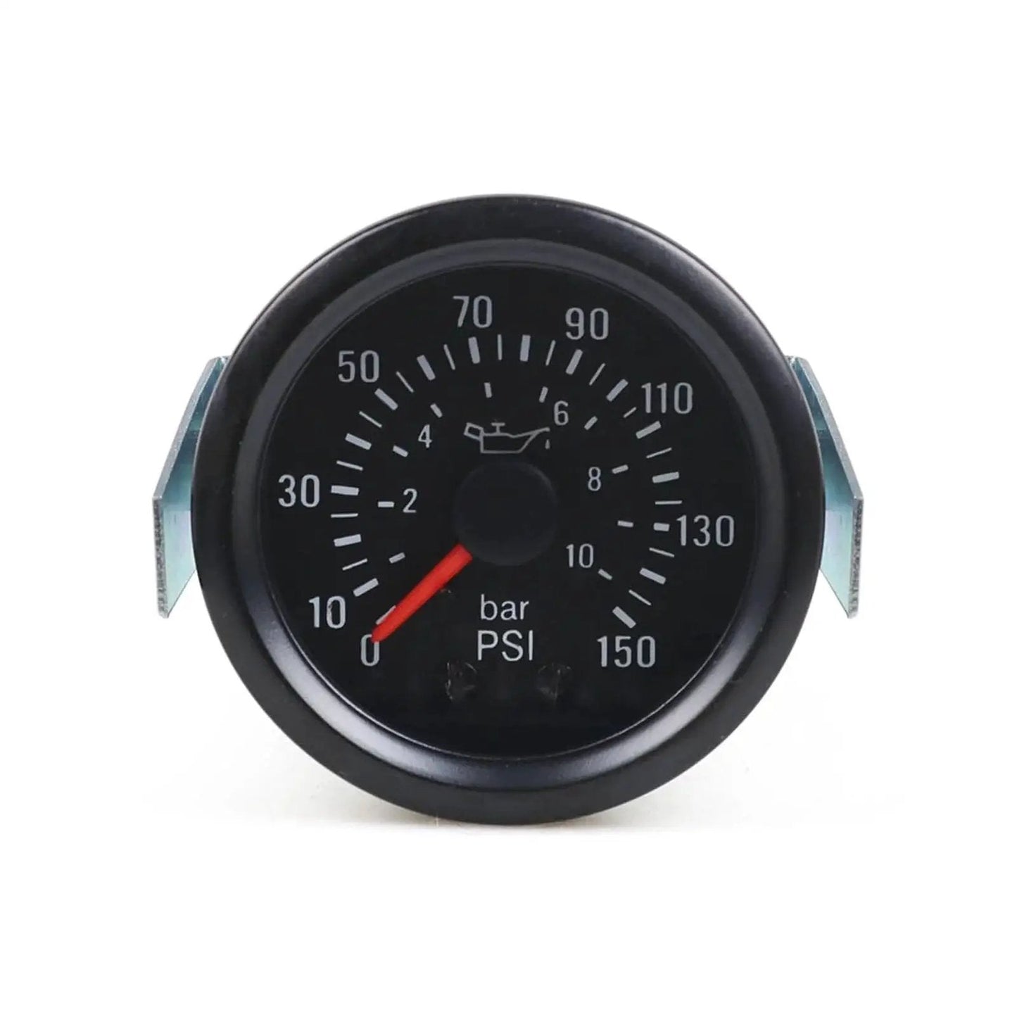 Front view of 2 Inch Mechanical Oil Pressure Gauge With Yellow LED Dial Light For Cars Reads 0 To 10 Bar Or 0 To 150 PSI 52mm Dial