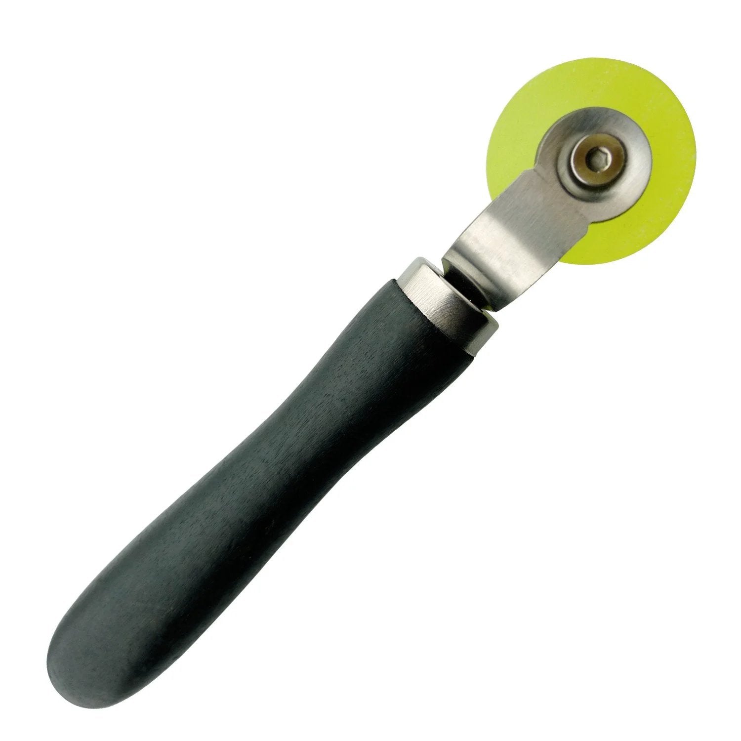 Side view of a 1.2 inch rubber wheel from the Two Piece Car Sound Deadener Roller Kit with wood handle and metal support.