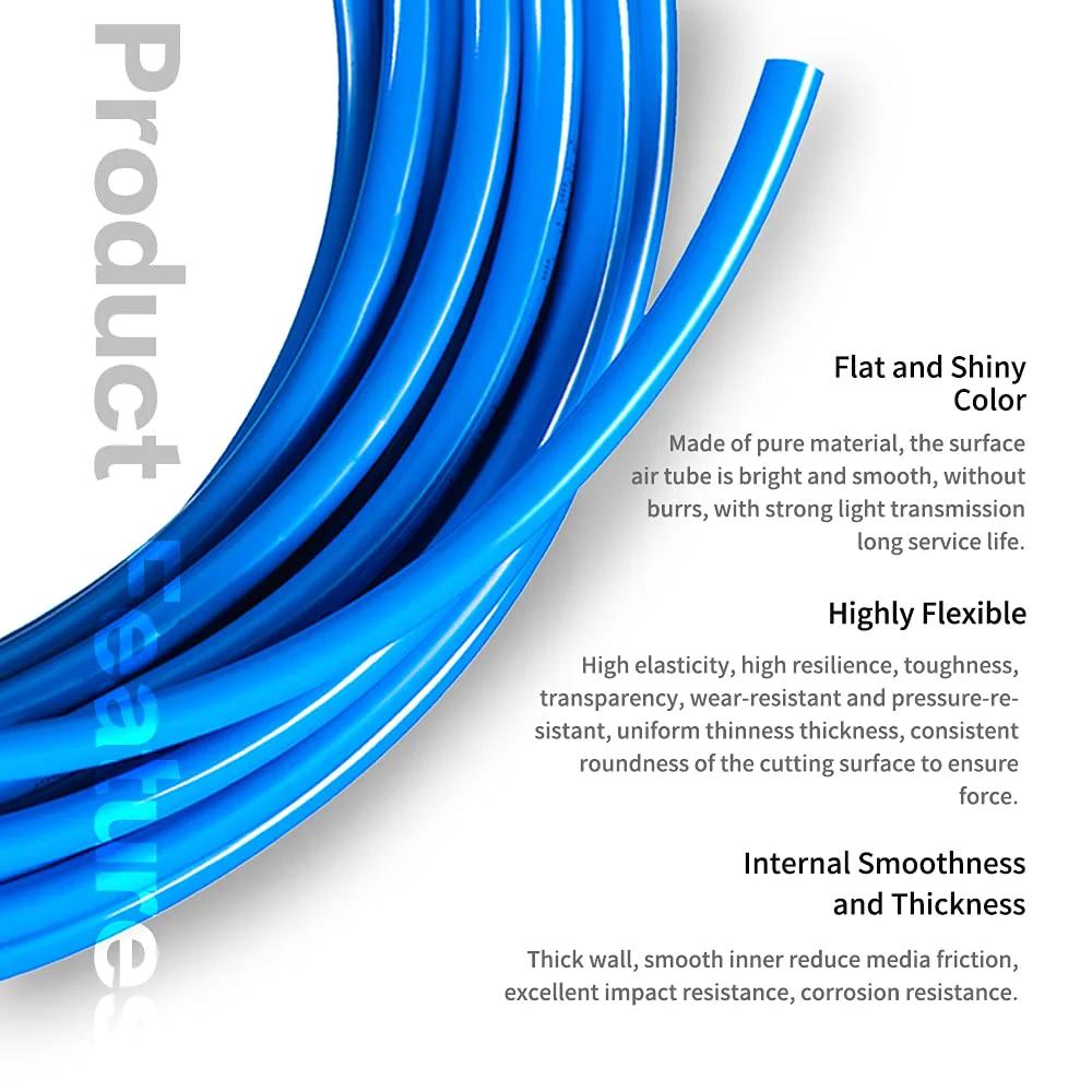 Coiled Blue Polyurethane Pneumatic Tubing Kit For Air Or Fluid Transfer, 6mm Outer Diameter And 4mm Inner, shown close-up with features text.