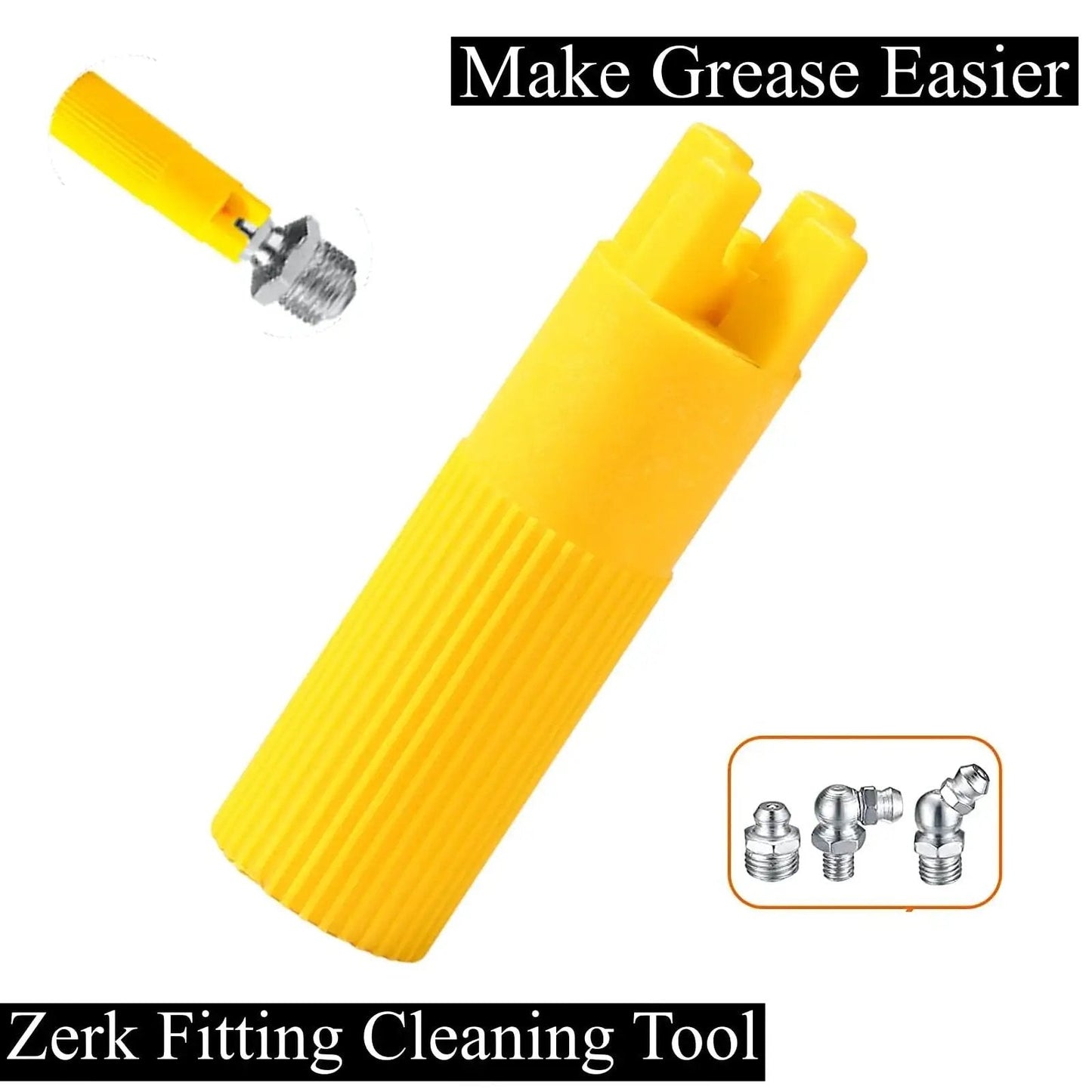 Yellow zerk fitting cleaning tool for grease guns with various adapters shown on white background