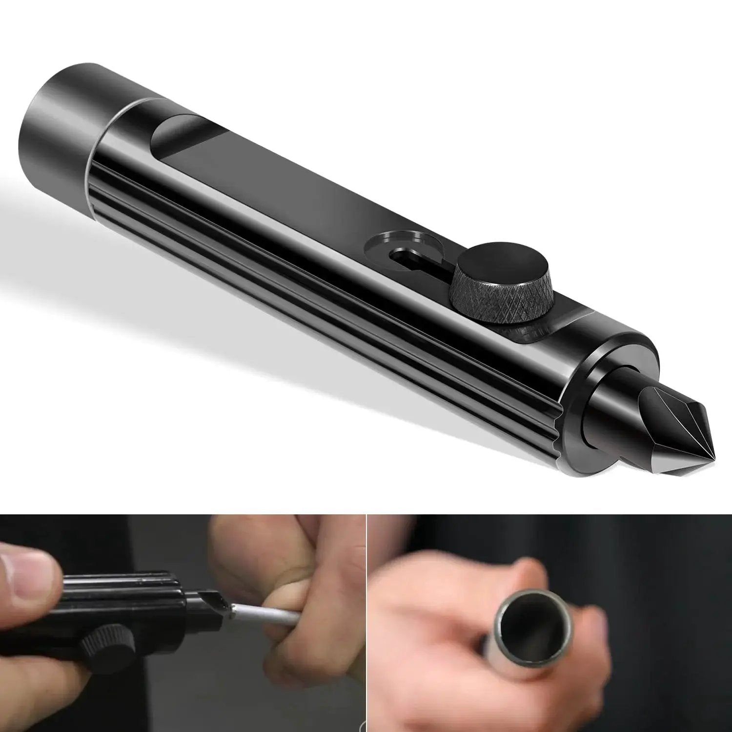 Tubing Deburring Tool for 3/16 to 1/2 Inch Tubing for Brake and Fuel Lines, shown from multiple angles, in use.