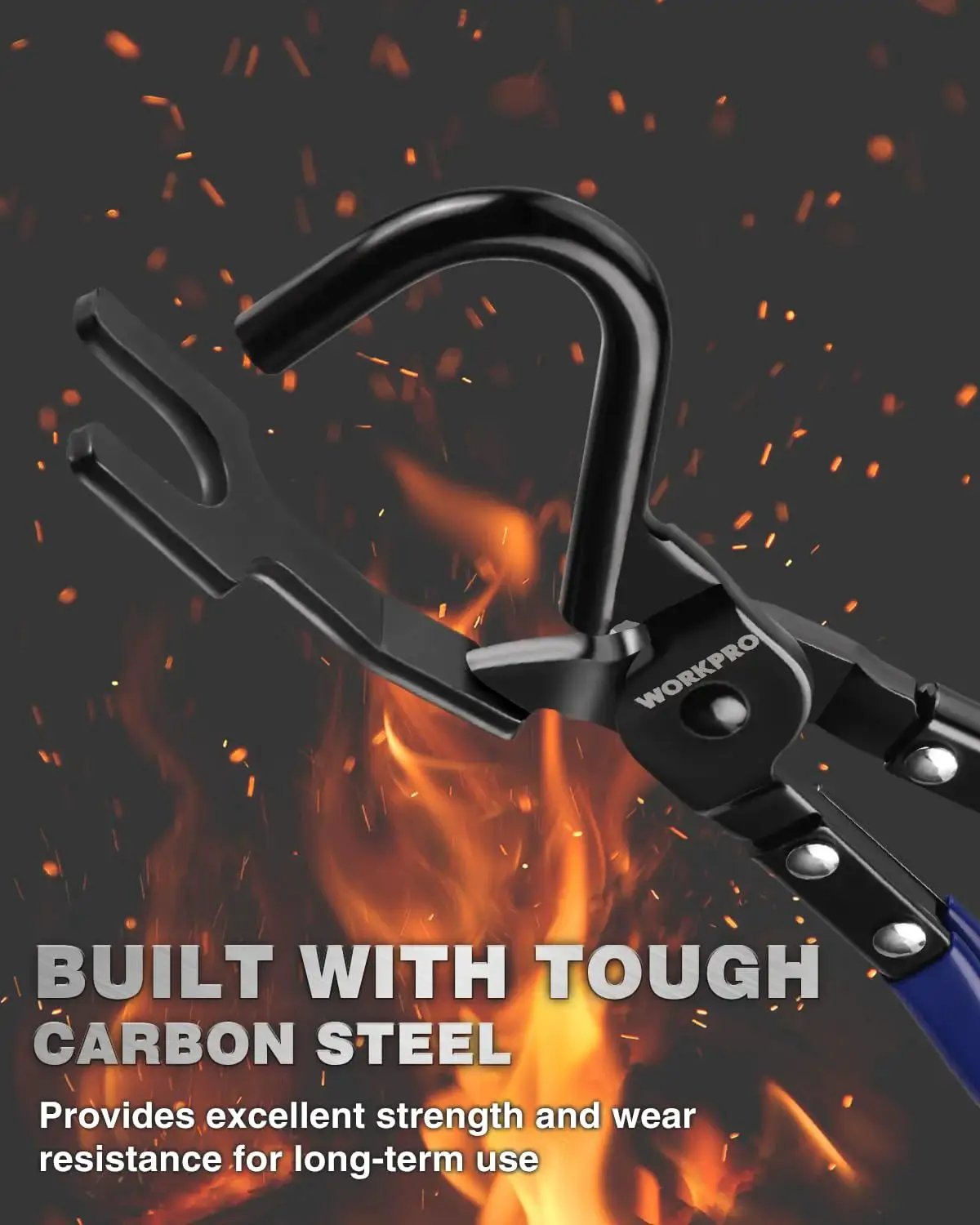Heavy-Duty Exhaust Hanger Removal Tool With Non-Slip Grip For Rubber Hangers shown against flames, highlighting durability.