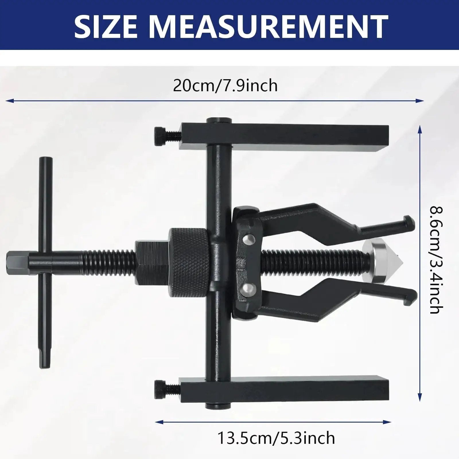 Size measurements of 3 Jaw Inner Bearing Puller Gear Extractor for motorcycles, cars, and SUVs, showing dimensions in centimeters and inches.
