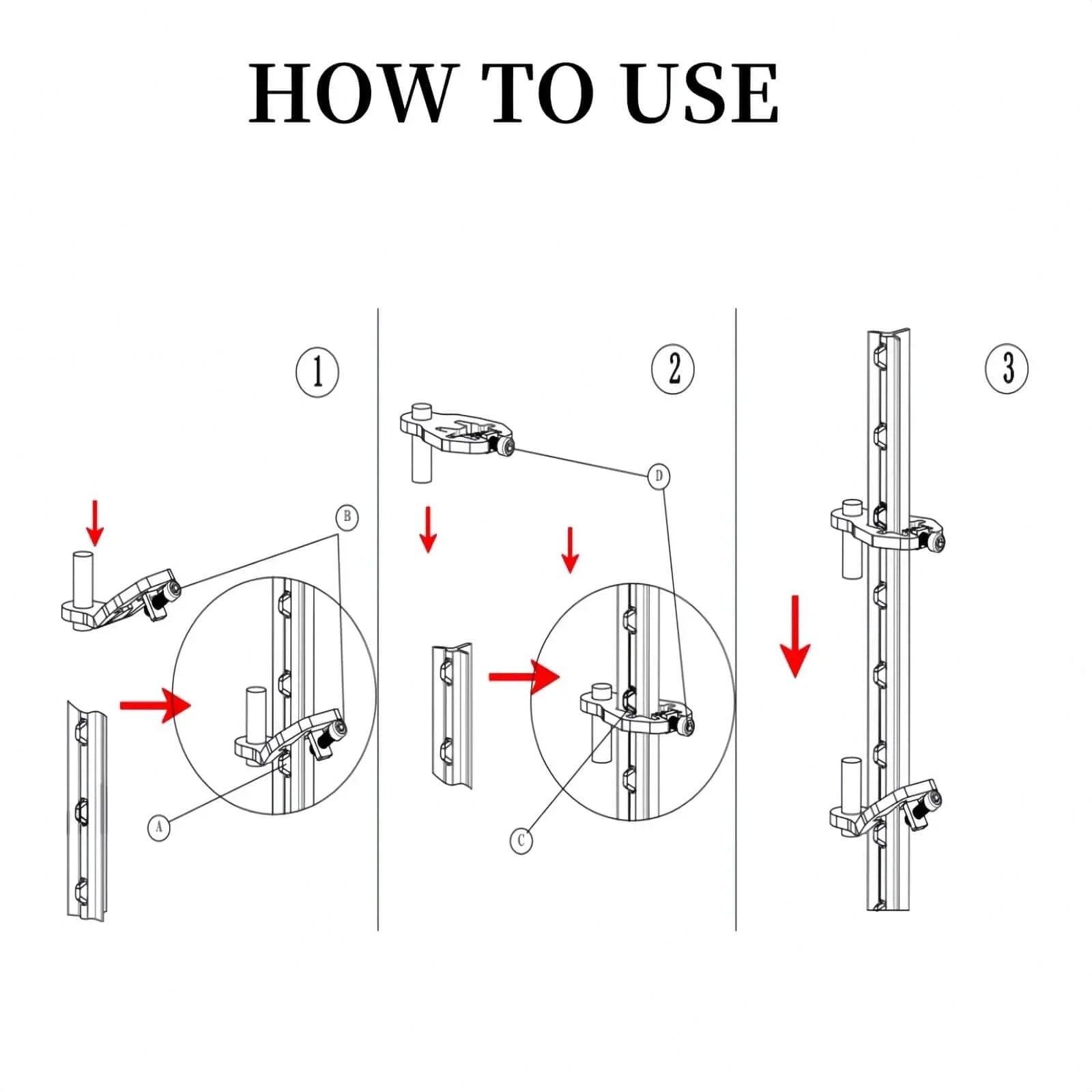 Diagram showing installation steps for Four Piece T-Post Gate Hinge Pins Set, Heavy Duty Powder Coated Steel For Farm And Garden Gates