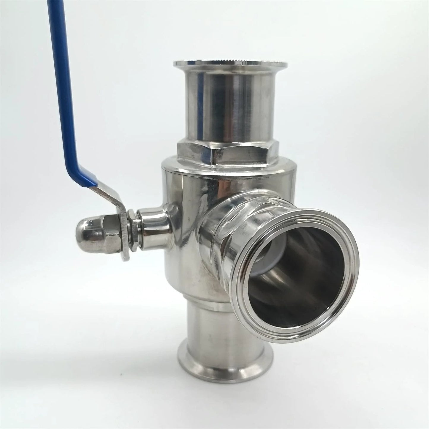 2 Inch Tri Clamp Sanitary Ball Valve 3 Way T Port For Flexible Fluid Routing With PTFE Seat And 304 Stainless Steel Body Blue Handle side view