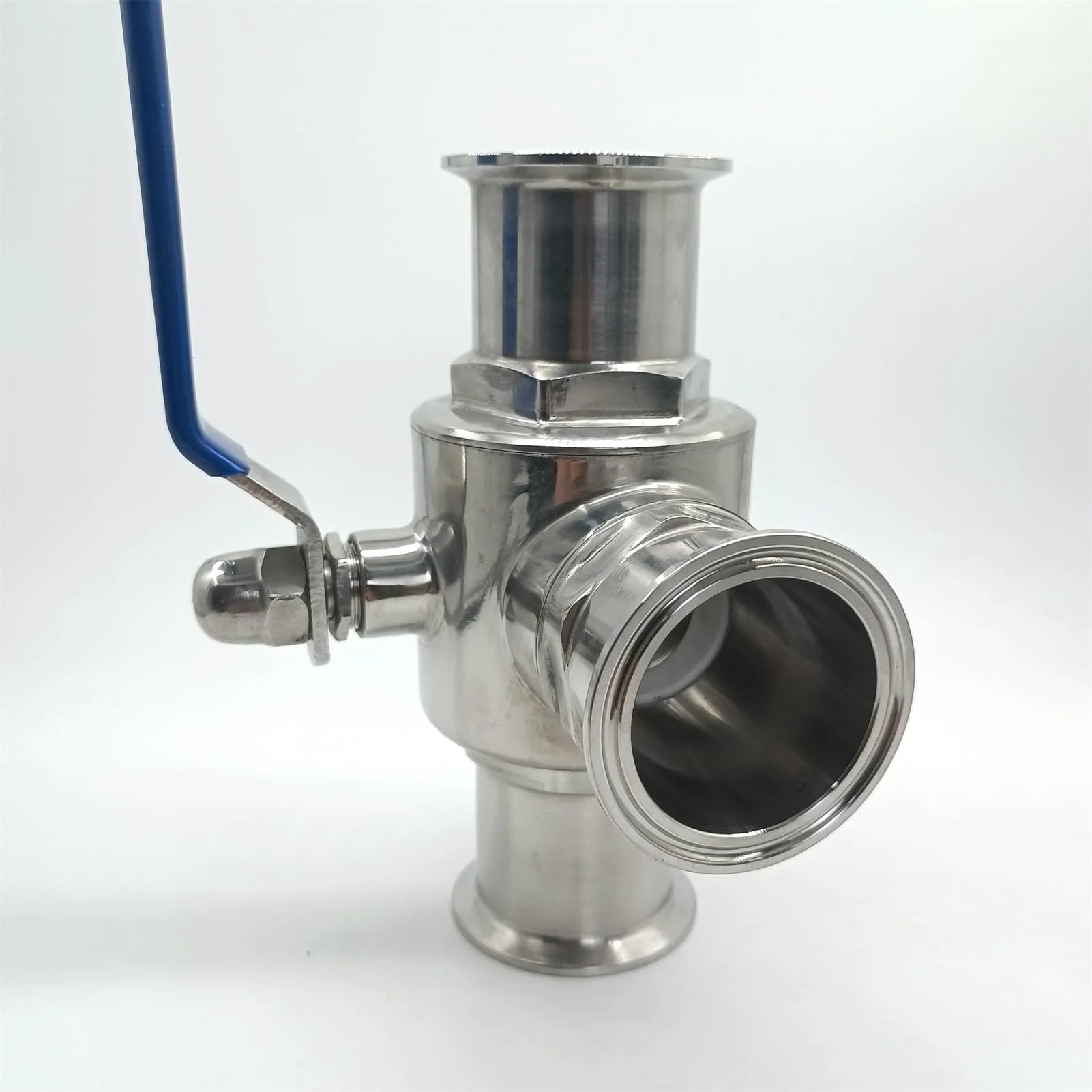 2 Inch Tri Clamp Sanitary Ball Valve 3 Way T Port For Flexible Fluid Routing With PTFE Seat And 304 Stainless Steel Body Blue Handle side view