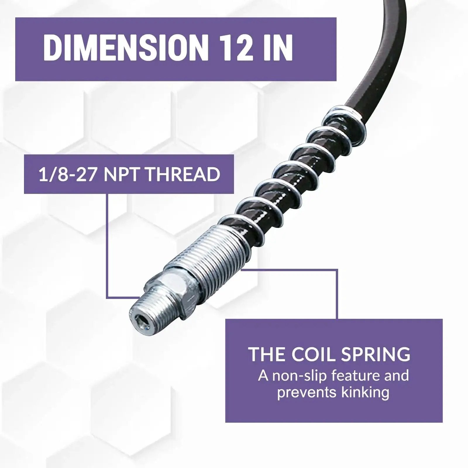 12 inch hose detail with coil spring and 1/8-27 NPT thread from Grease Gun Accessory Kit With Needle Dispenser And Two Needle Nozzles.