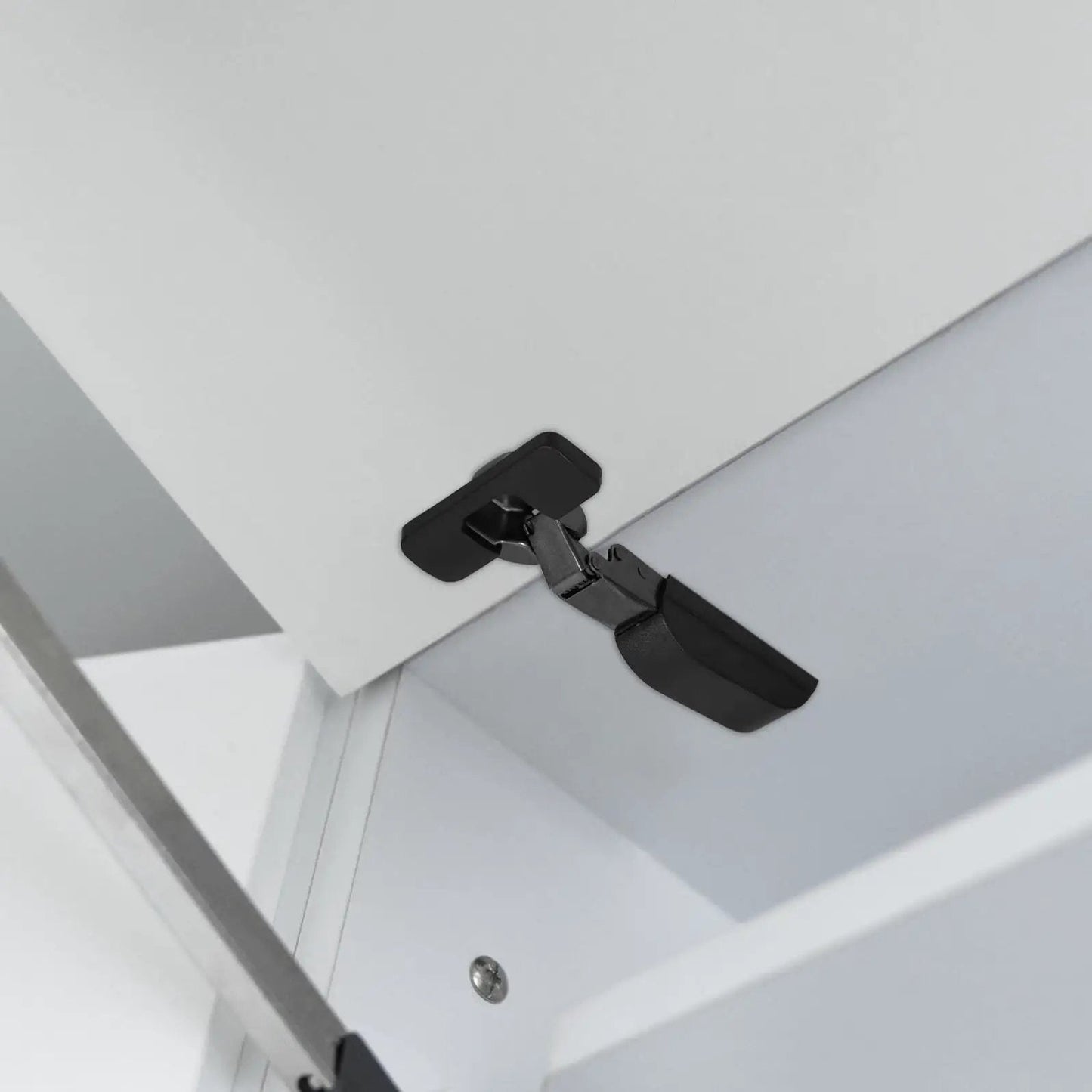 Concealed Mounting Cabinet Hinges With Soft Close Hydraulic Damper Quiet Buffer For Kitchen Cabinets installed on white cabinet