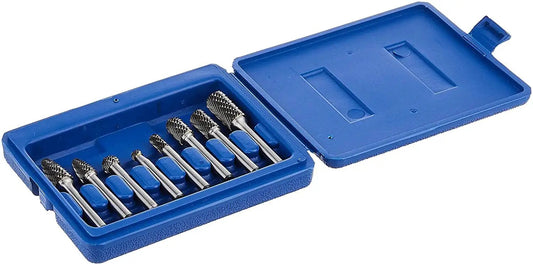 Double Cut Carbide Rotary Burr Set For Pro Grade Porting And Hole Opening, 8-Piece With 1/4 Inch Shank, in blue blow molded case