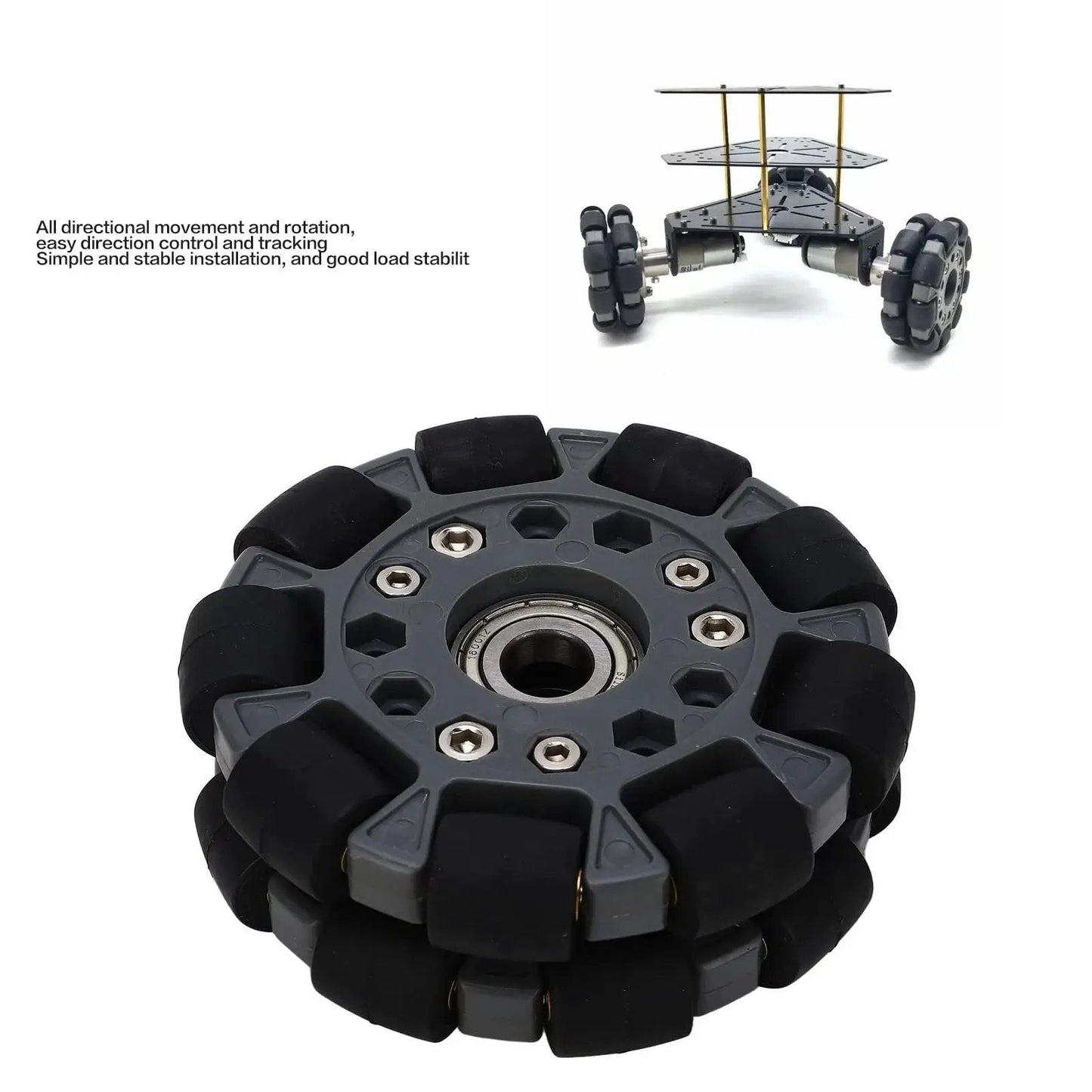 Omni Directional Robot Wheel 100mm With Center Bearing for Robot Cars and DIY Projects showing 360 Degree Rotation capability