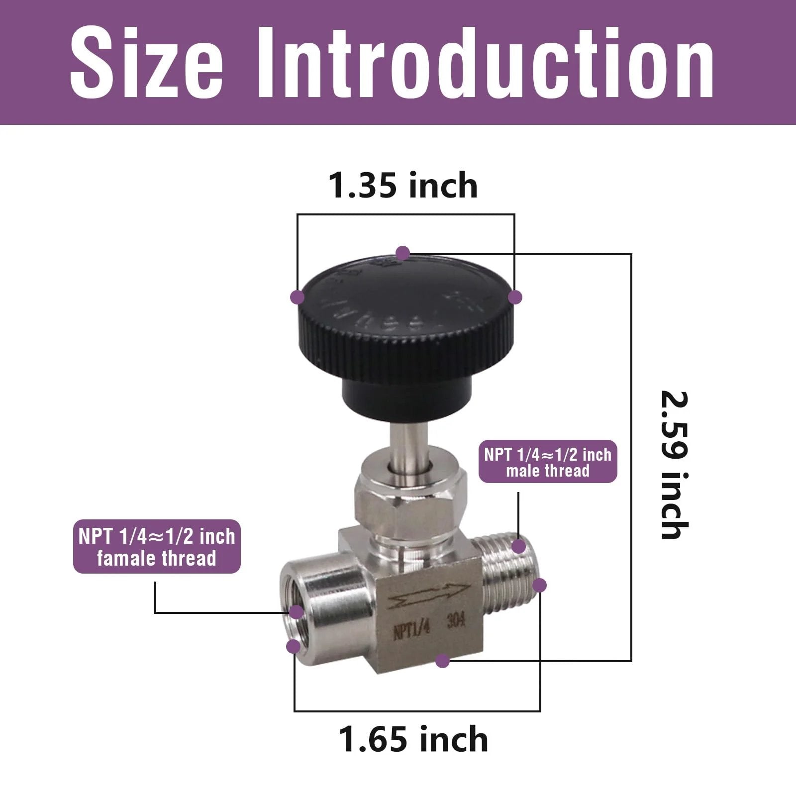 Diagram of Stainless Steel Needle Valve 1/4 NPT Female to 1/4 NPT Male for Oil and Water, dimensions in inches shown