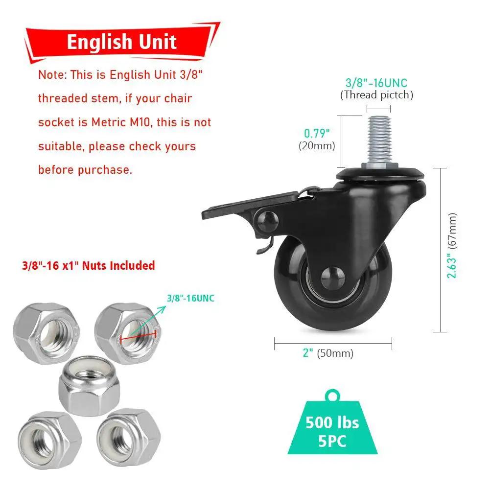 Illustration of two inch swivel caster wheels with three eighths inch 16 UNC threaded stem for carts showing dimensions and nuts included