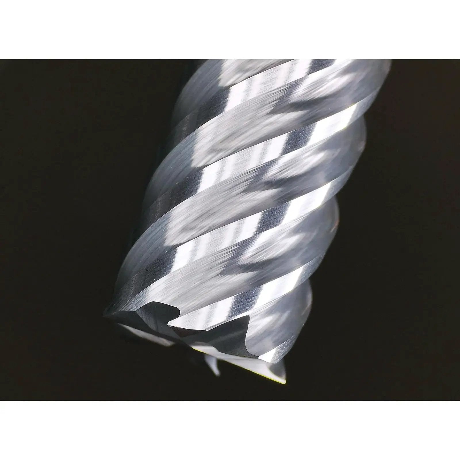 Close-up of Carbide End Mill 6 Flute Square Milling Cutter With 50 Degree High Helix For High Hardness Steel Finishing Balzers PVD Coated Tungsten Carbide HRC68 Ultra Fine Grain One Quarter Inch Shank Two And A Half Inch Cut Length One Piece