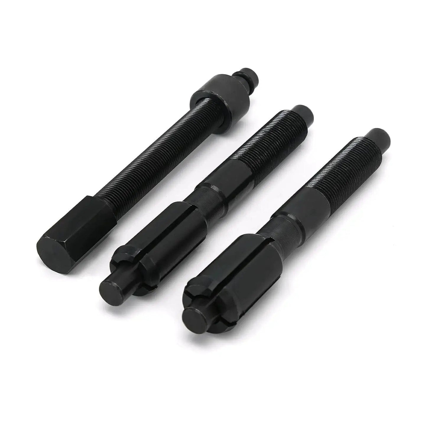 Inner Cam Bearing Installer And Puller Tool for Harley Twin Cam Engines 1999 to 2017, three black metal components, close-up view.