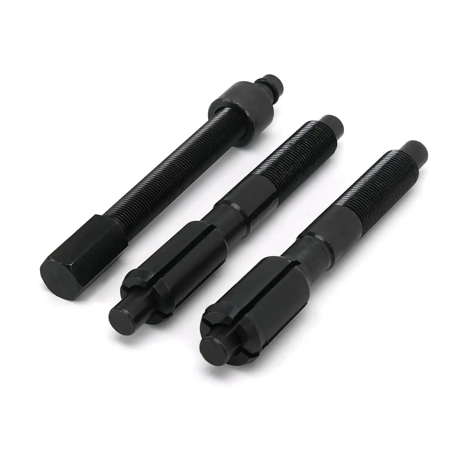 Inner Cam Bearing Installer And Puller Tool for Harley Twin Cam Engines 1999 to 2017, three black metal components, close-up view.