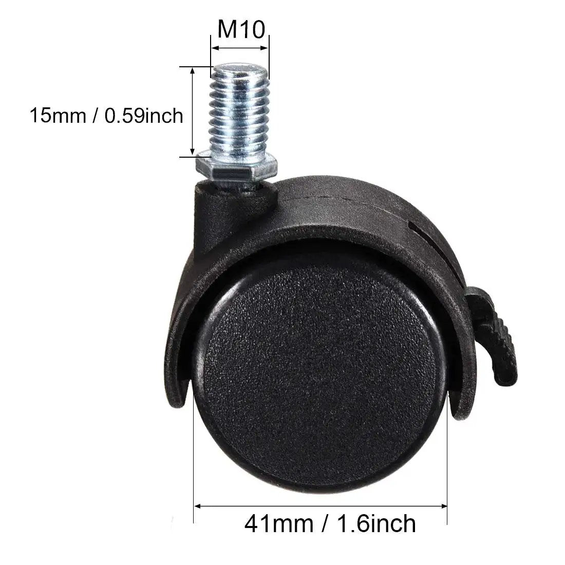 Twin Wheel Nylon Swivel Furniture Caster Set With 1.5 Inch Wheels And M10 X 15mm Threaded Stem Brakes, non marking black casters