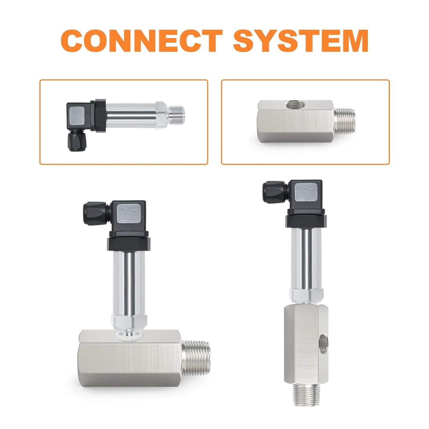 Stainless Steel One Quarter NPT Oil Pressure Sensor Tee Adapter Fitting, shown in different angles, with connection system.