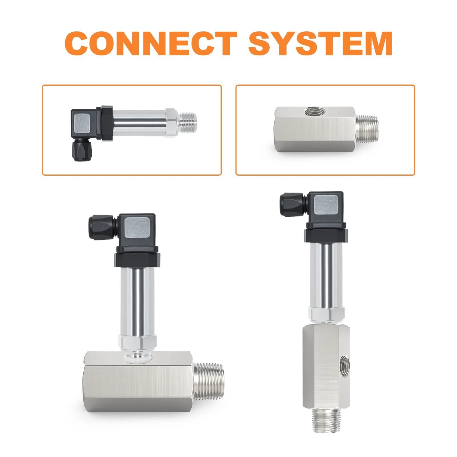 Stainless Steel One Quarter NPT Oil Pressure Sensor Tee Adapter Fitting, shown in different angles, with connection system.