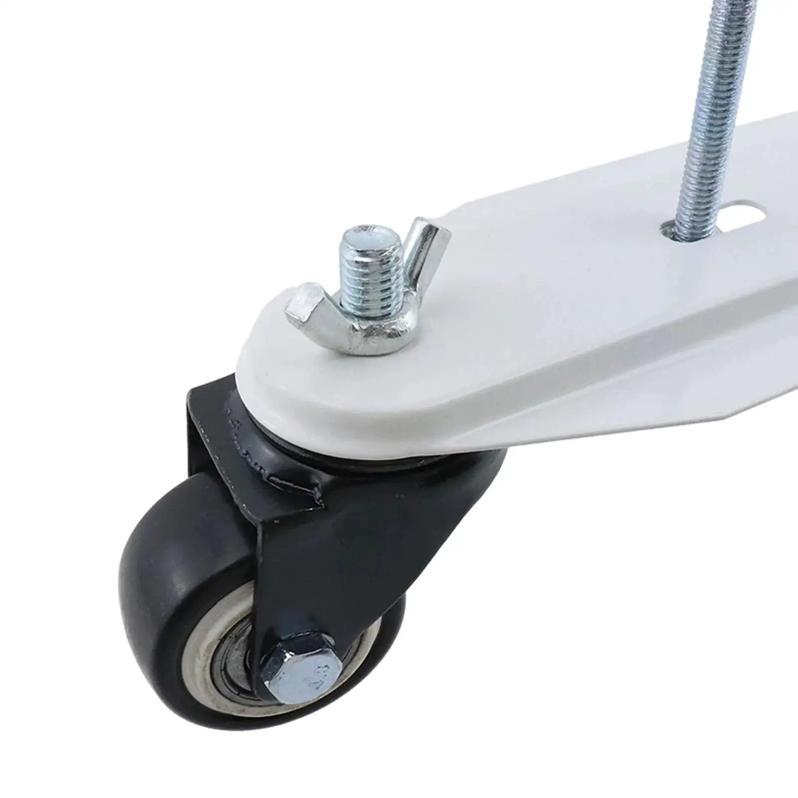 Close-up of 2-Pack Mobile Pulley Holders For Oil Filled Radiator, iron construction with 360 degree swivel wheels and butterfly nut installation.