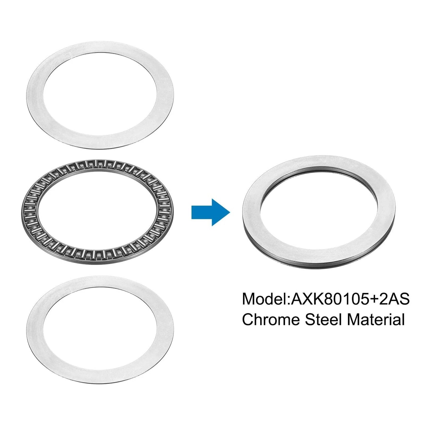 AXK80105 80x104x6mm Thrust Needle Roller Bearing Set With Washers, Chrome Steel, shown in components view