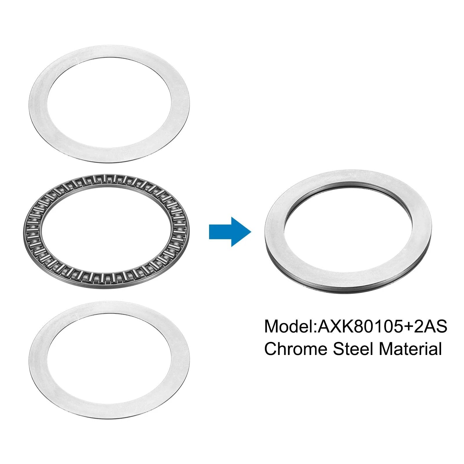 AXK80105 80x104x6mm Thrust Needle Roller Bearing Set With Washers, Chrome Steel, shown in components view